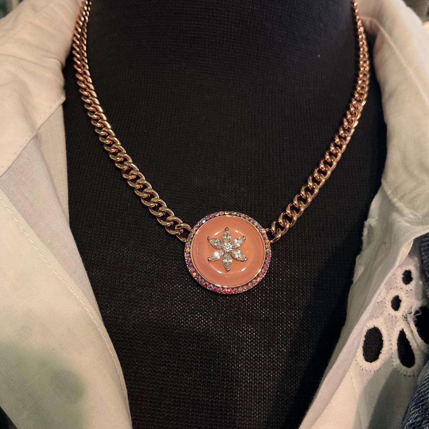 Vintage Butler and Wilson Rose Gold Tone Pink Donut Crystal Necklace, Aurora Borealis and Silver Rhinestones