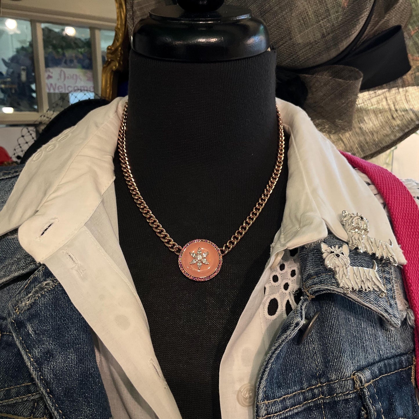 Vintage Butler and Wilson Rose Gold Tone Pink Donut Crystal Necklace, Aurora Borealis and Silver Rhinestones