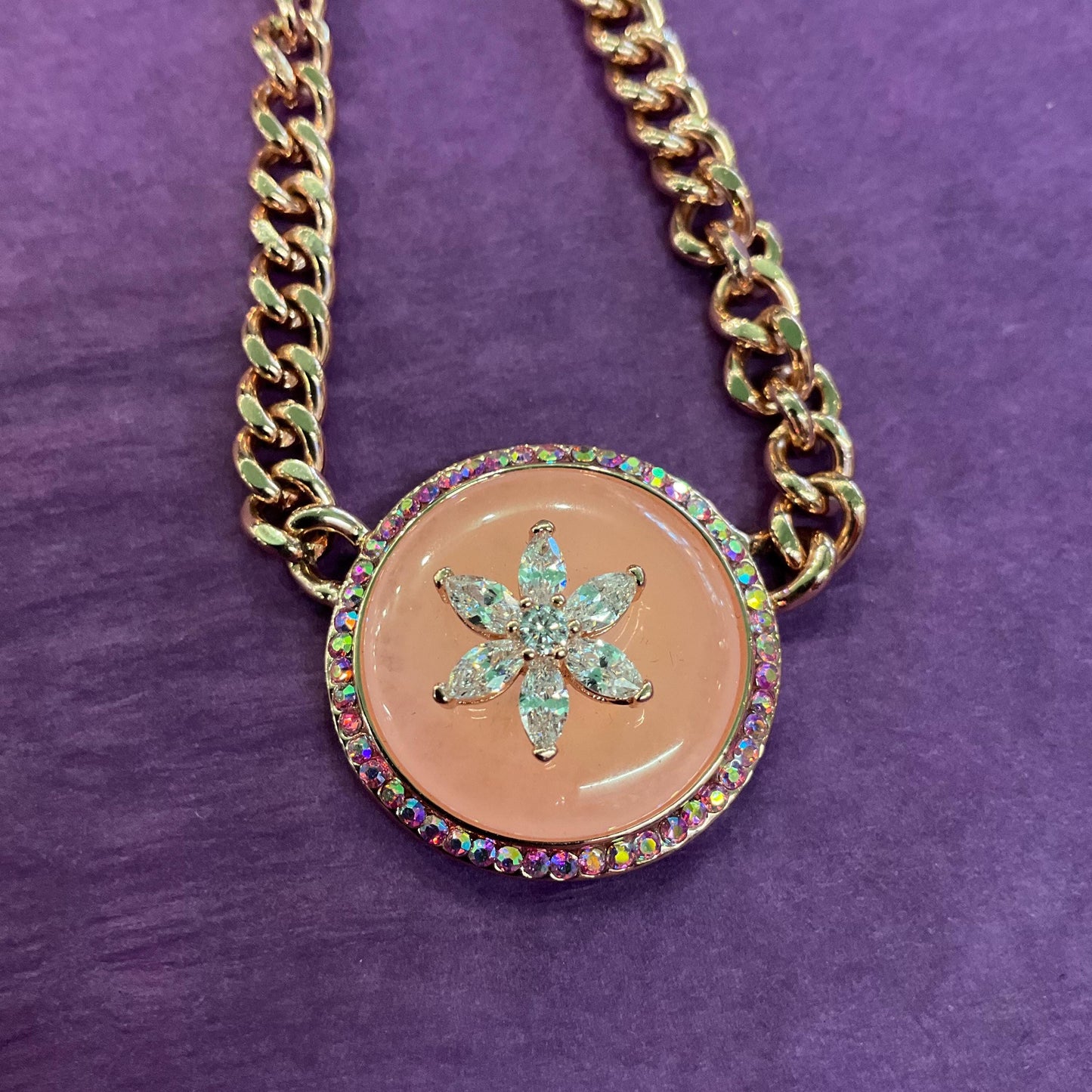 Vintage Butler and Wilson Rose Gold Tone Pink Donut Crystal Necklace, Aurora Borealis and Silver Rhinestones