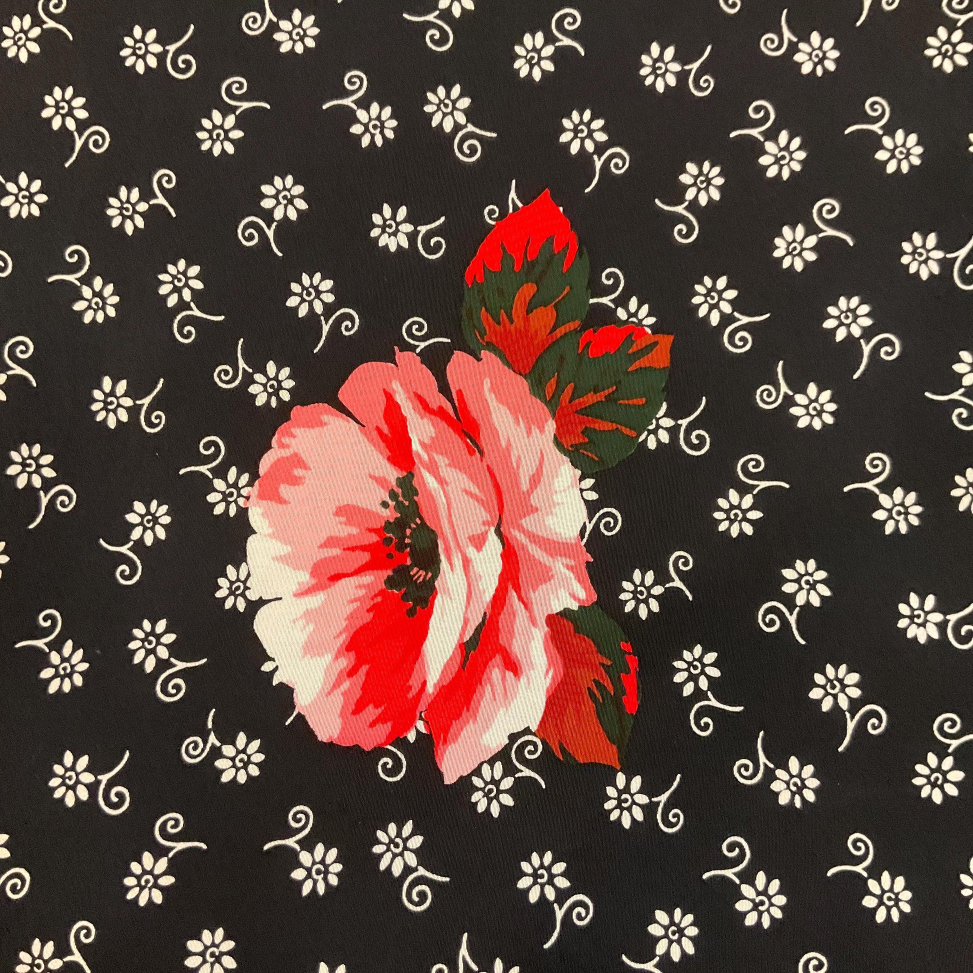 Vintage BILL BLASS Red, cream and Black Roses Pure Silk Scarf, large roses ditsy floral botders