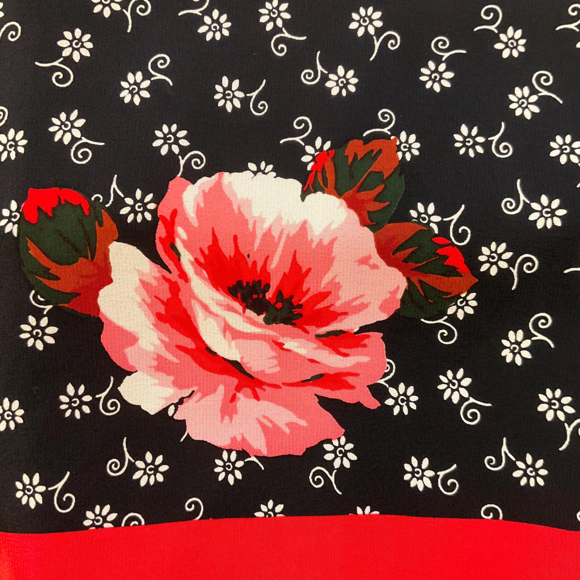 Vintage BILL BLASS Red, cream and Black Roses Pure Silk Scarf, large roses ditsy floral botders