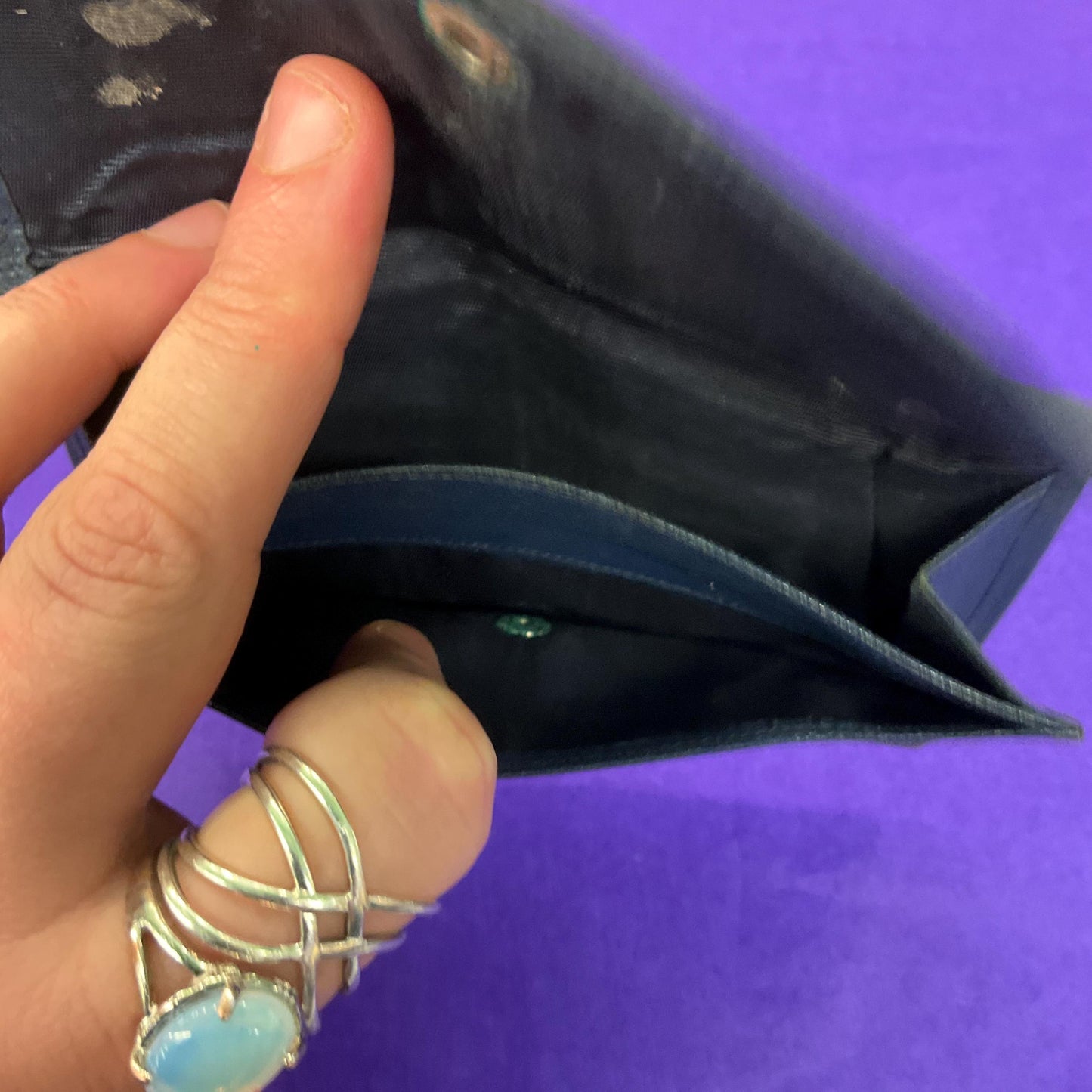Vintage 1940s Blue Leather Clutch bag by DAVIS OF PICADILLY, Original vanity mirror and Coin Purse inside