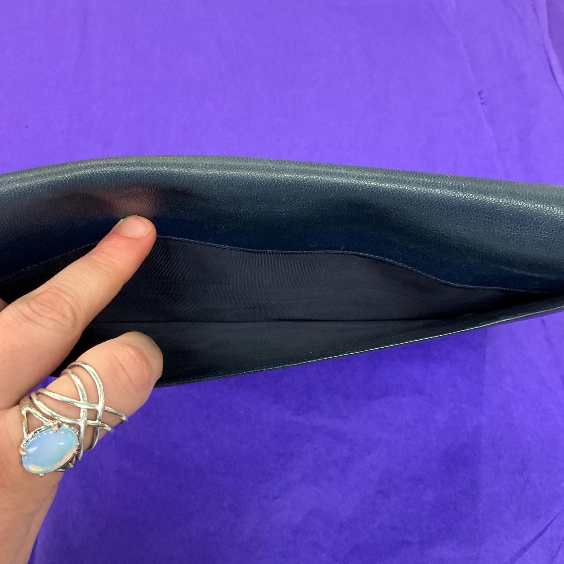 Vintage 1940s Blue Leather Clutch bag by DAVIS OF PICADILLY, Original vanity mirror and Coin Purse inside