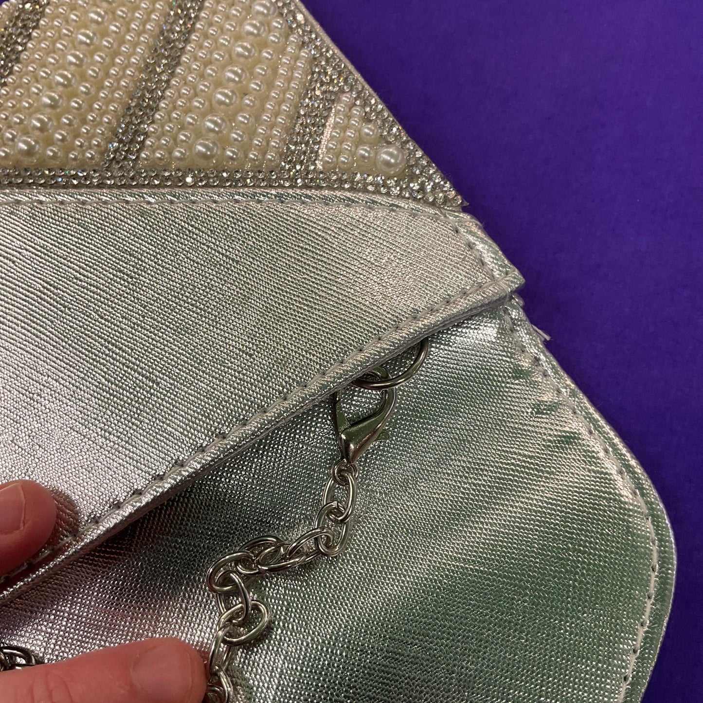 Vintage Silver Faux Leather, Crystal and Faux Pearl Clutch/ Shoulder Evening Bag