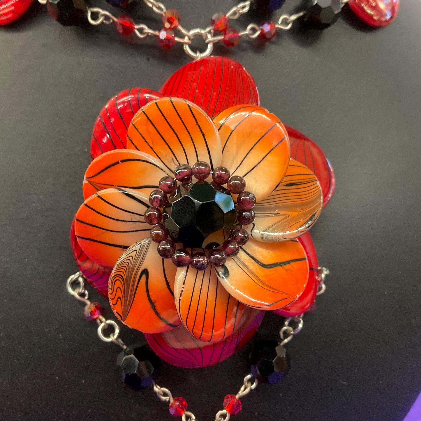Vintage Butler and Wilson Bohemian Statement Red and Black Floral Necklace, Crystal and resin flowers