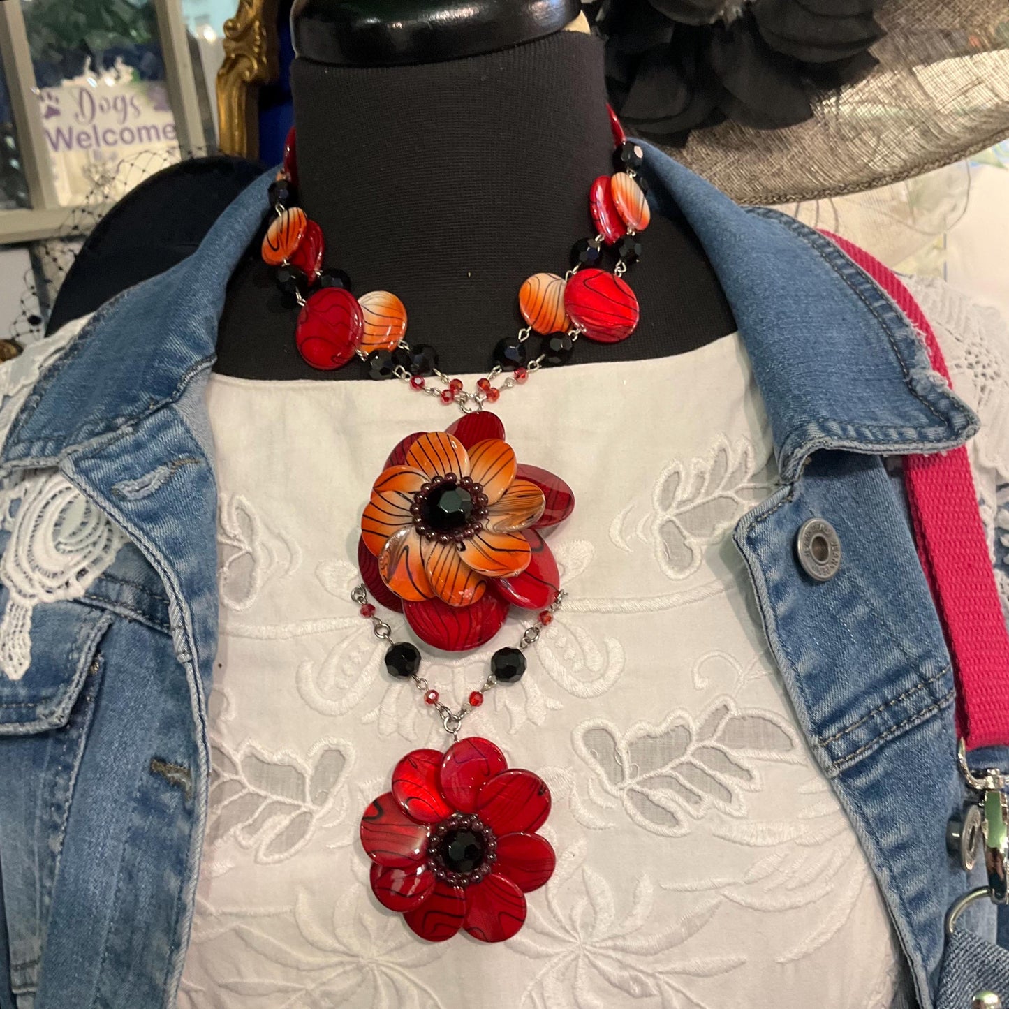 Vintage Butler and Wilson Bohemian Statement Red and Black Floral Necklace, Crystal and resin flowers
