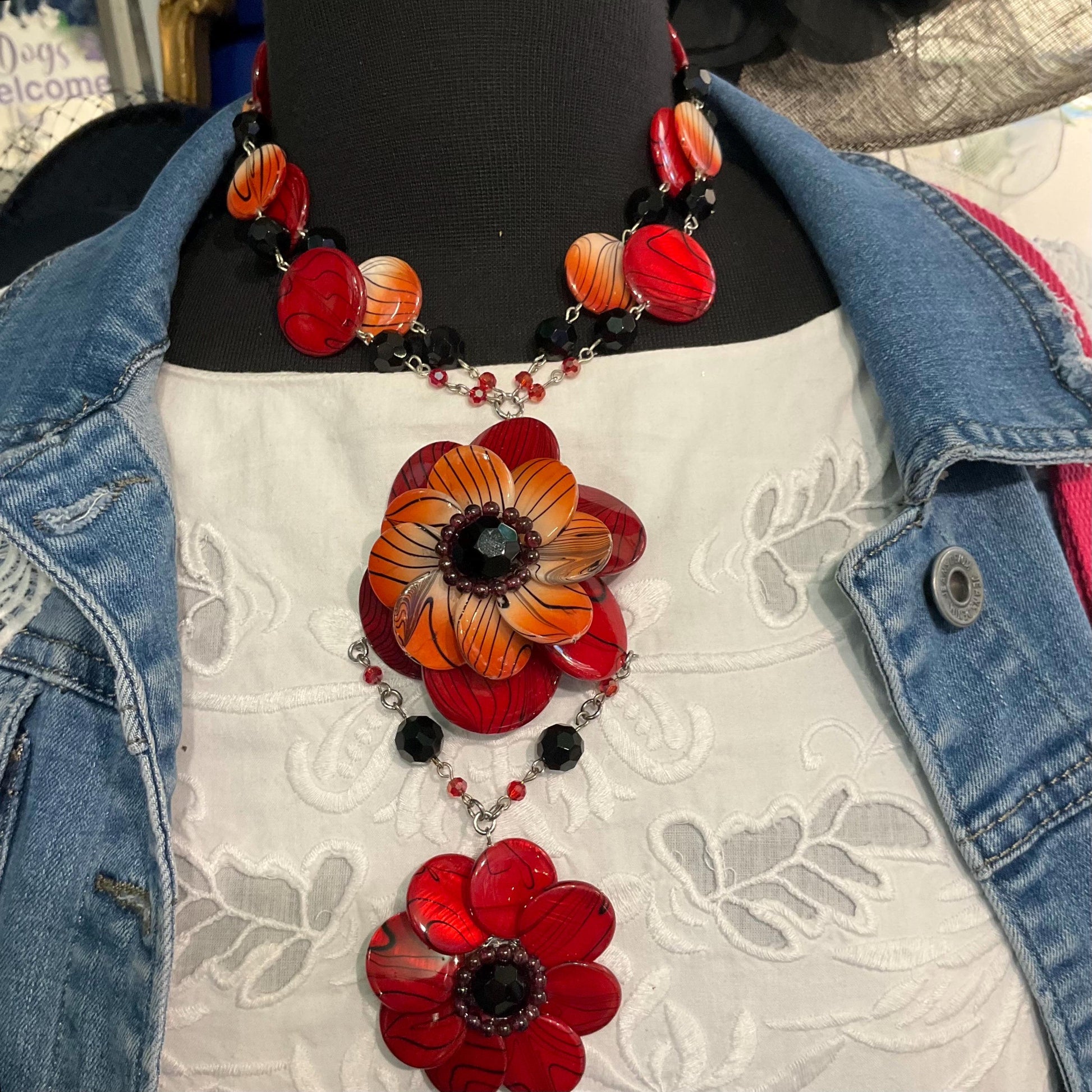 Vintage Butler and Wilson Bohemian Statement Red and Black Floral Necklace, Crystal and resin flowers