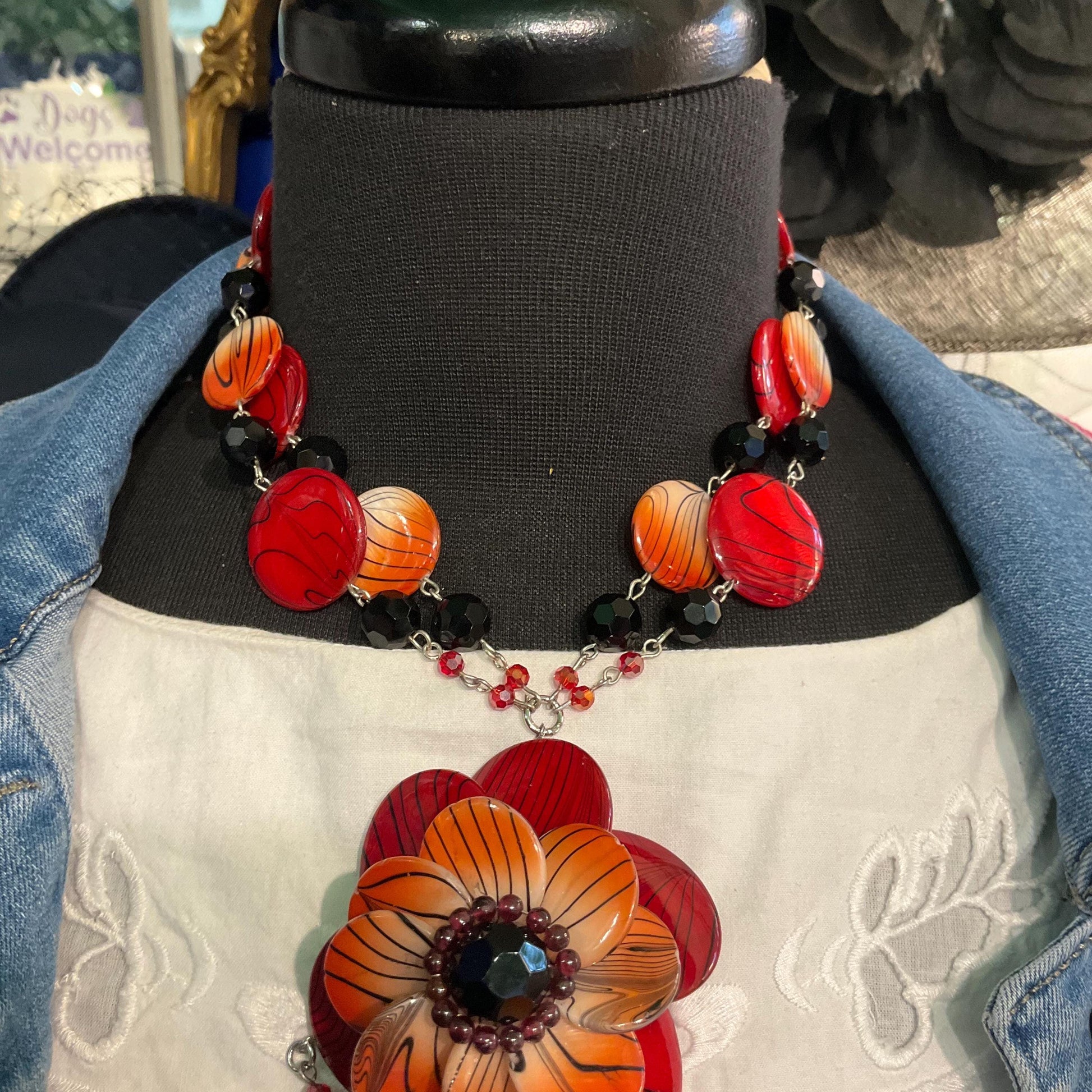 Vintage Butler and Wilson Bohemian Statement Red and Black Floral Necklace, Crystal and resin flowers