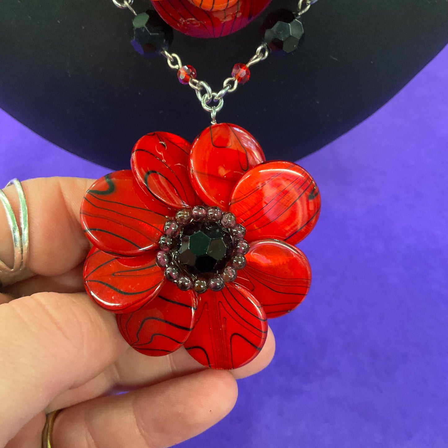Vintage Butler and Wilson Bohemian Statement Red and Black Floral Necklace, Crystal and resin flowers