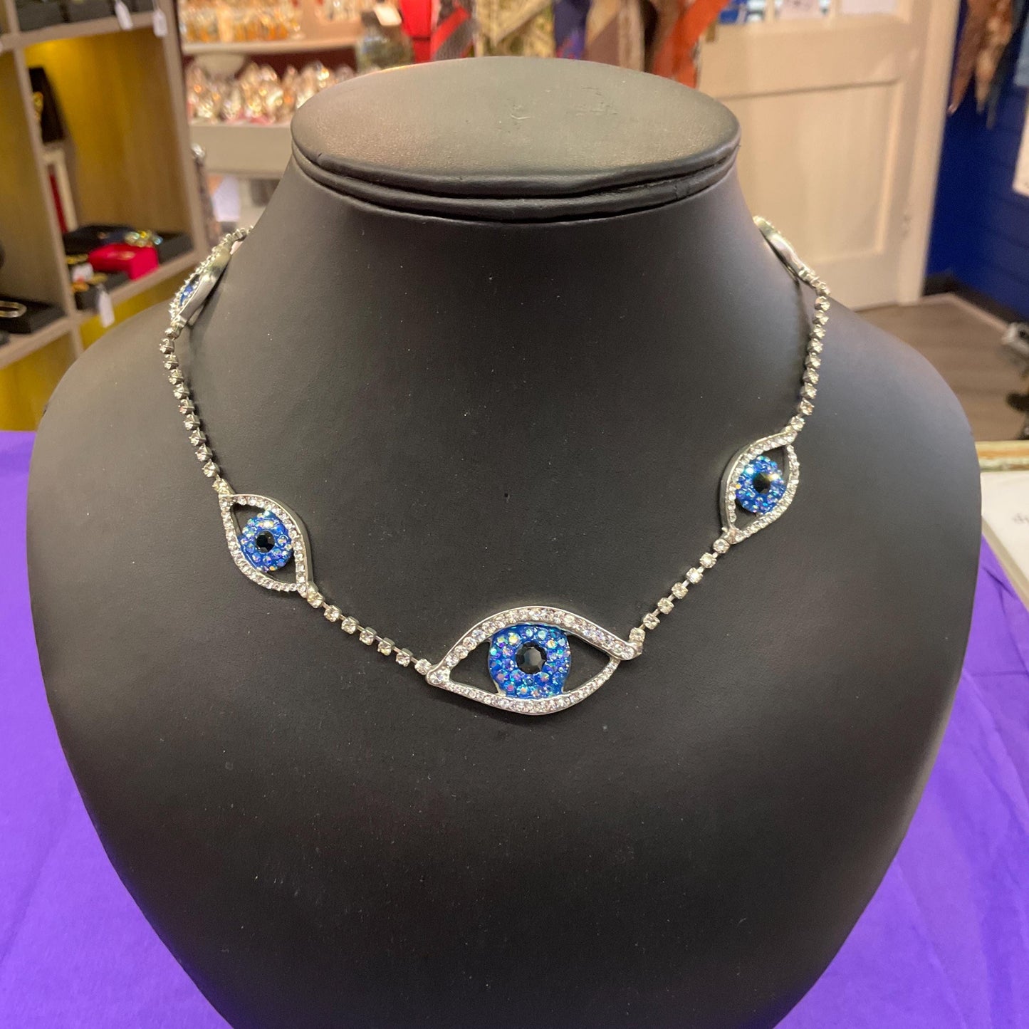 Vintage Butler and Wilson Crystal Eye Necklace, Silver Rhinestones with Blue Borealis and Black Crystals