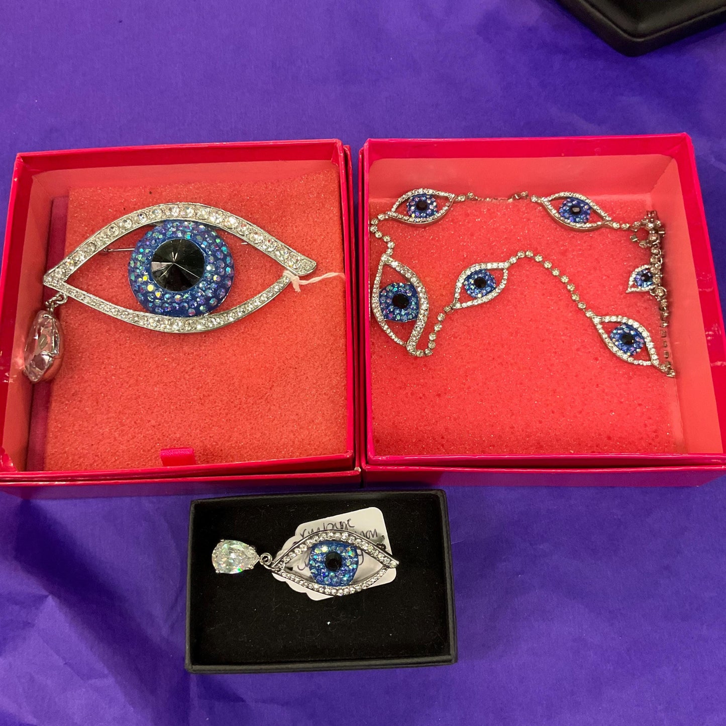 Vintage Butler and Wilson Crystal Eye Necklace, Silver Rhinestones with Blue Borealis and Black Crystals
