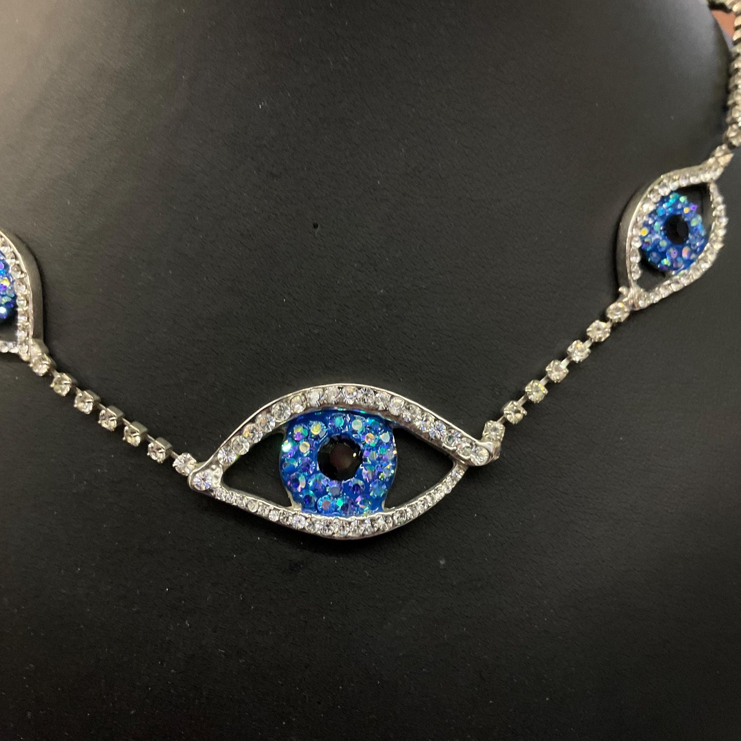 Vintage Butler and Wilson Crystal Eye Necklace, Silver Rhinestones with Blue Borealis and Black Crystals