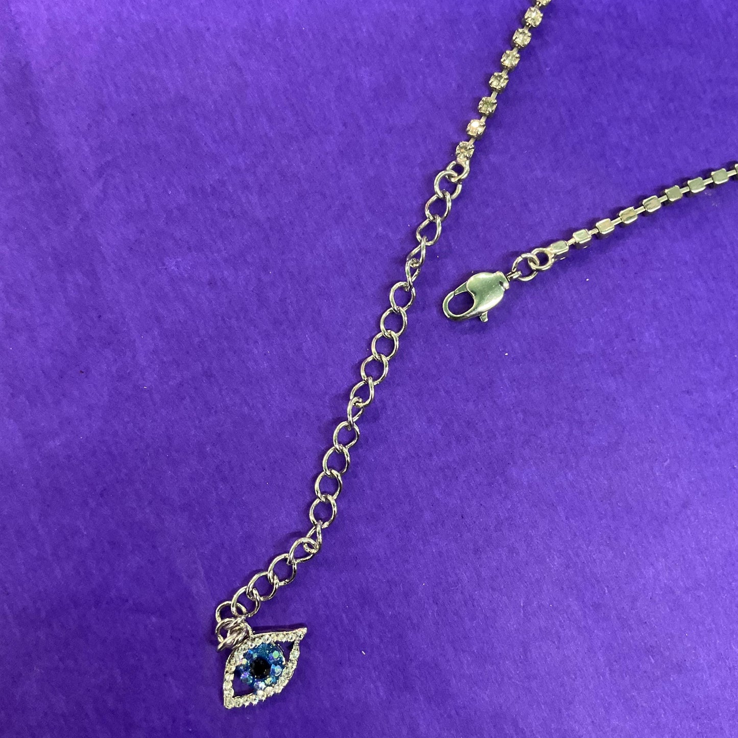 Vintage Butler and Wilson Crystal Eye Necklace, Silver Rhinestones with Blue Borealis and Black Crystals