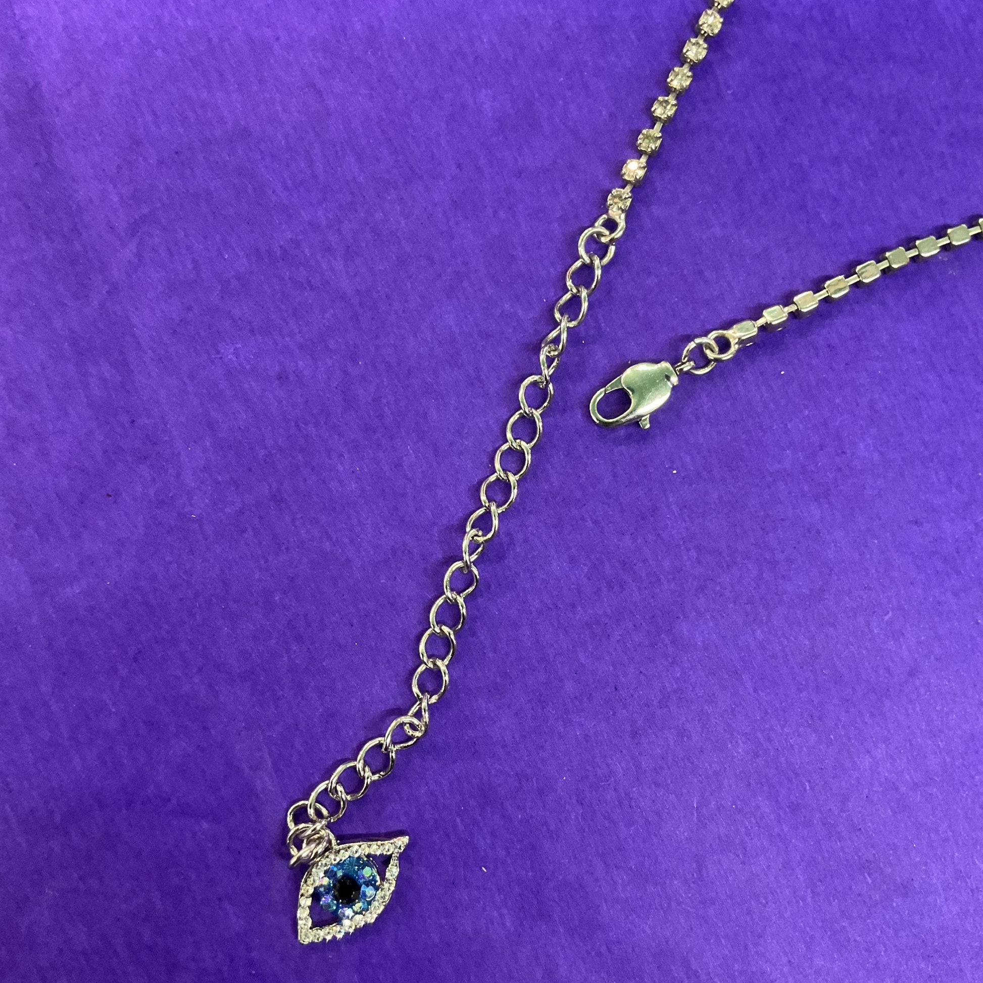 Vintage Butler and Wilson Crystal Eye Necklace, Silver Rhinestones with Blue Borealis and Black Crystals