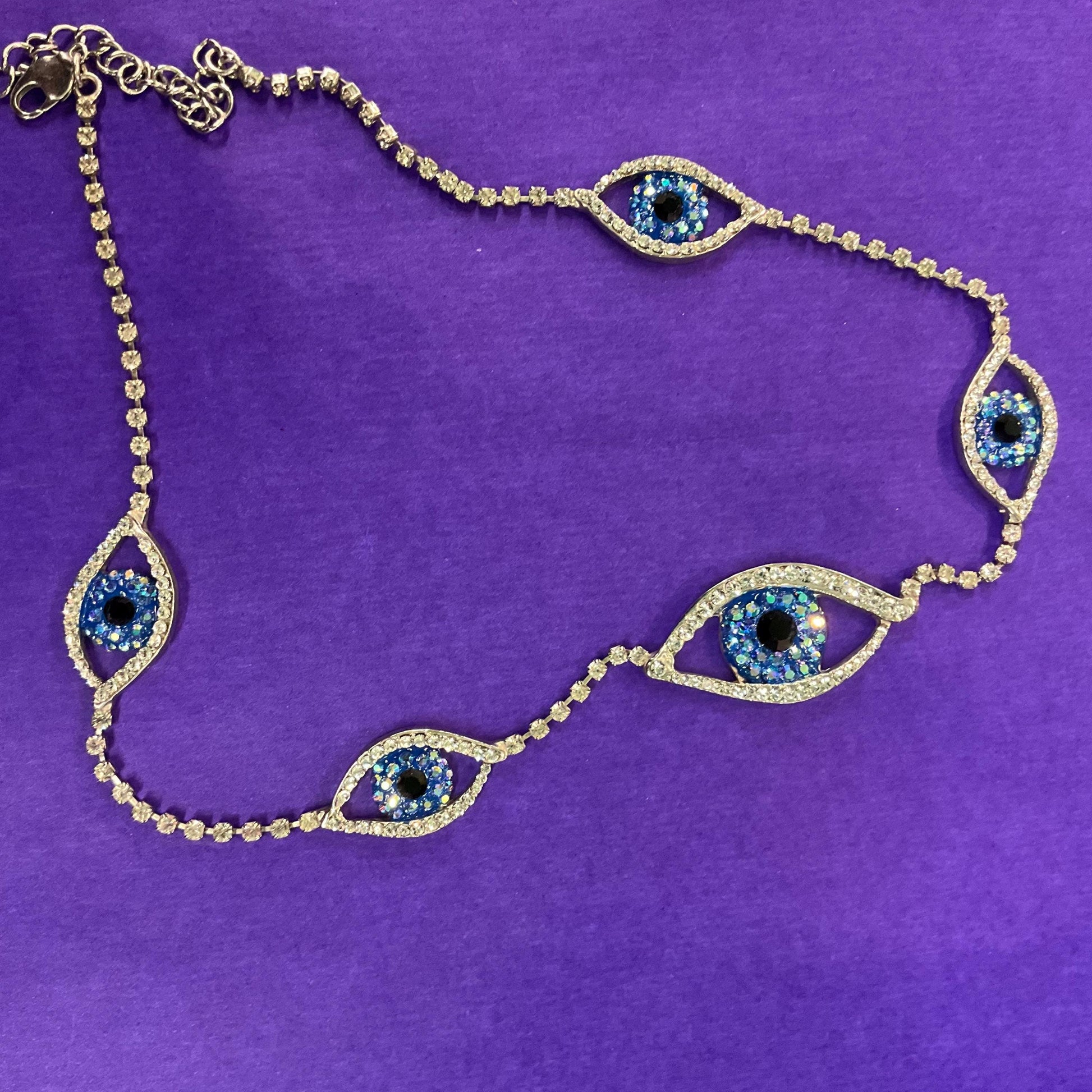Vintage Butler and Wilson Crystal Eye Necklace, Silver Rhinestones with Blue Borealis and Black Crystals