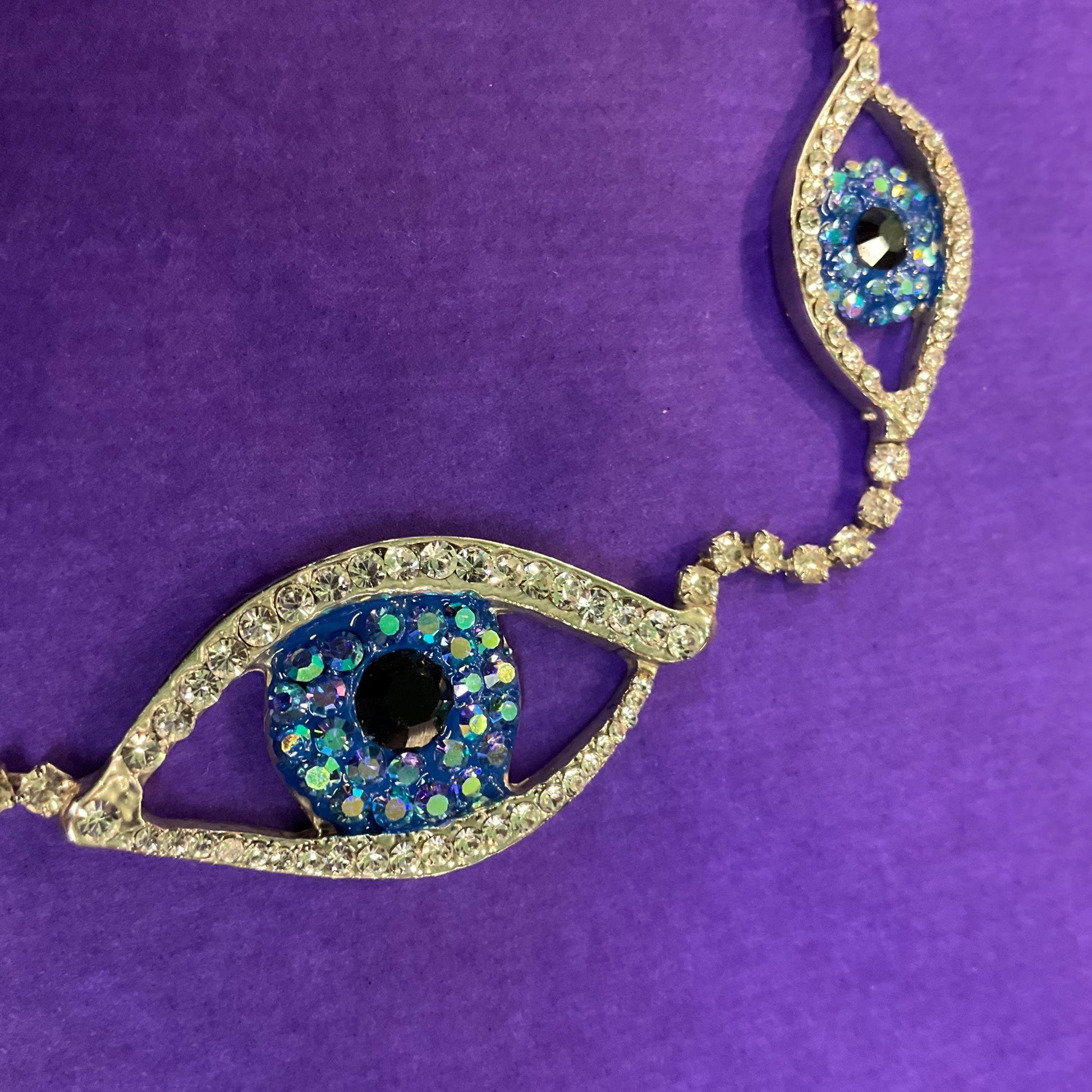 Vintage Butler and Wilson Crystal Eye Necklace, Silver Rhinestones with Blue Borealis and Black Crystals