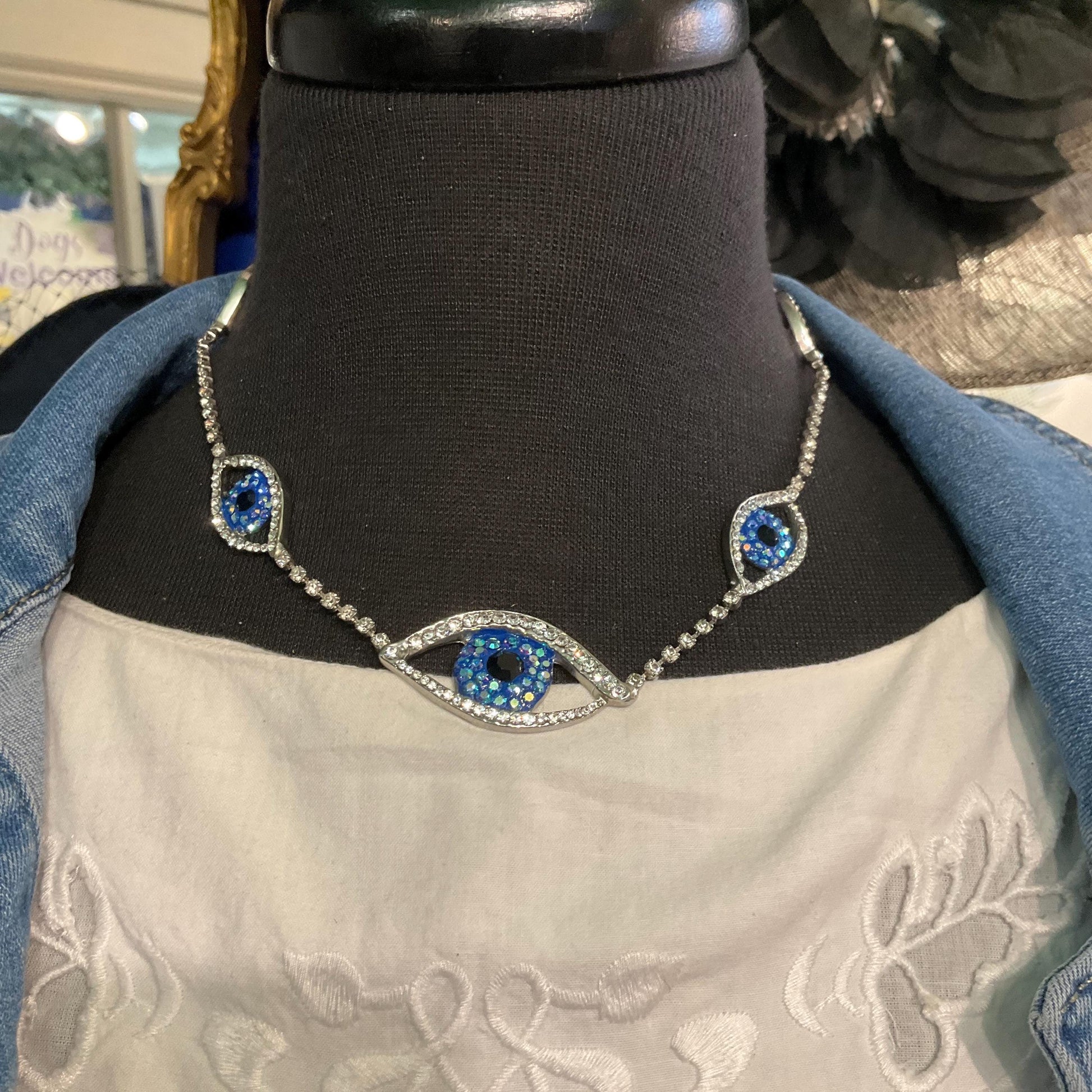 Vintage Butler and Wilson Crystal Eye Necklace, Silver Rhinestones with Blue Borealis and Black Crystals