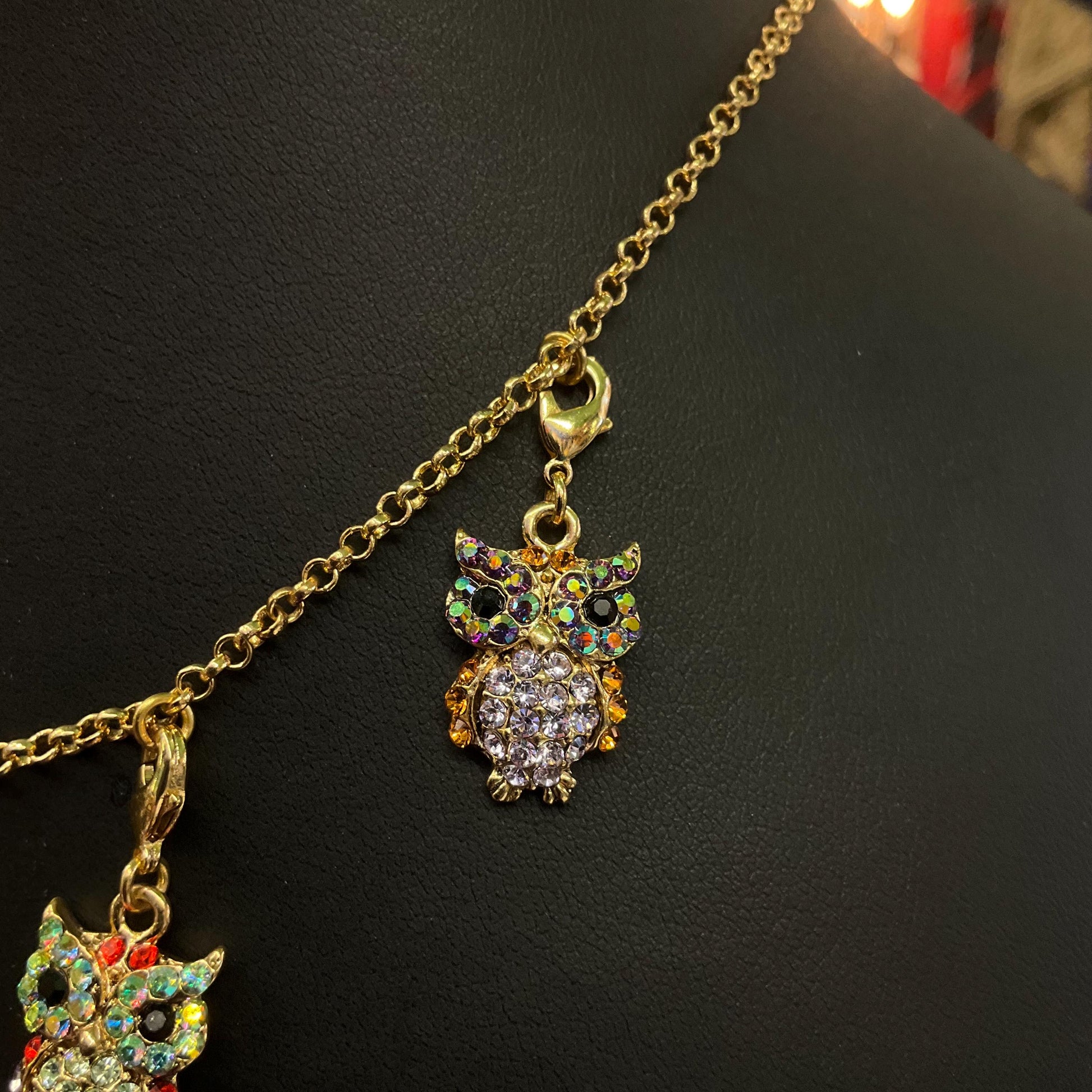 Vintage Butler and Wilson Rainbow Crystal Owl Charm Necklace , Gold tone with multicolored pastel Borealis rhinestones