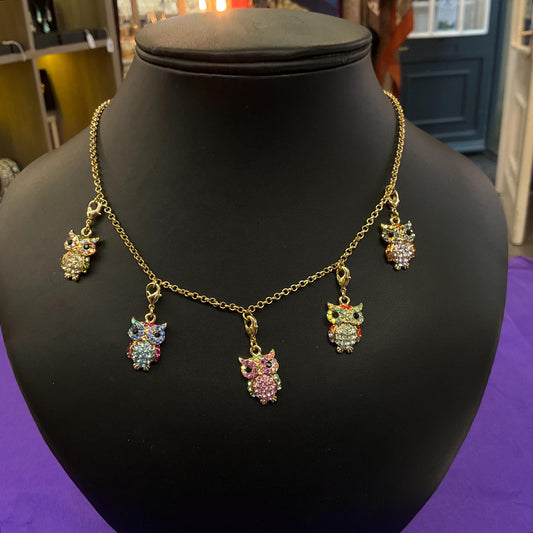 Vintage Butler and Wilson Rainbow Crystal Owl Charm Necklace , Gold tone with multicolored pastel Borealis rhinestones