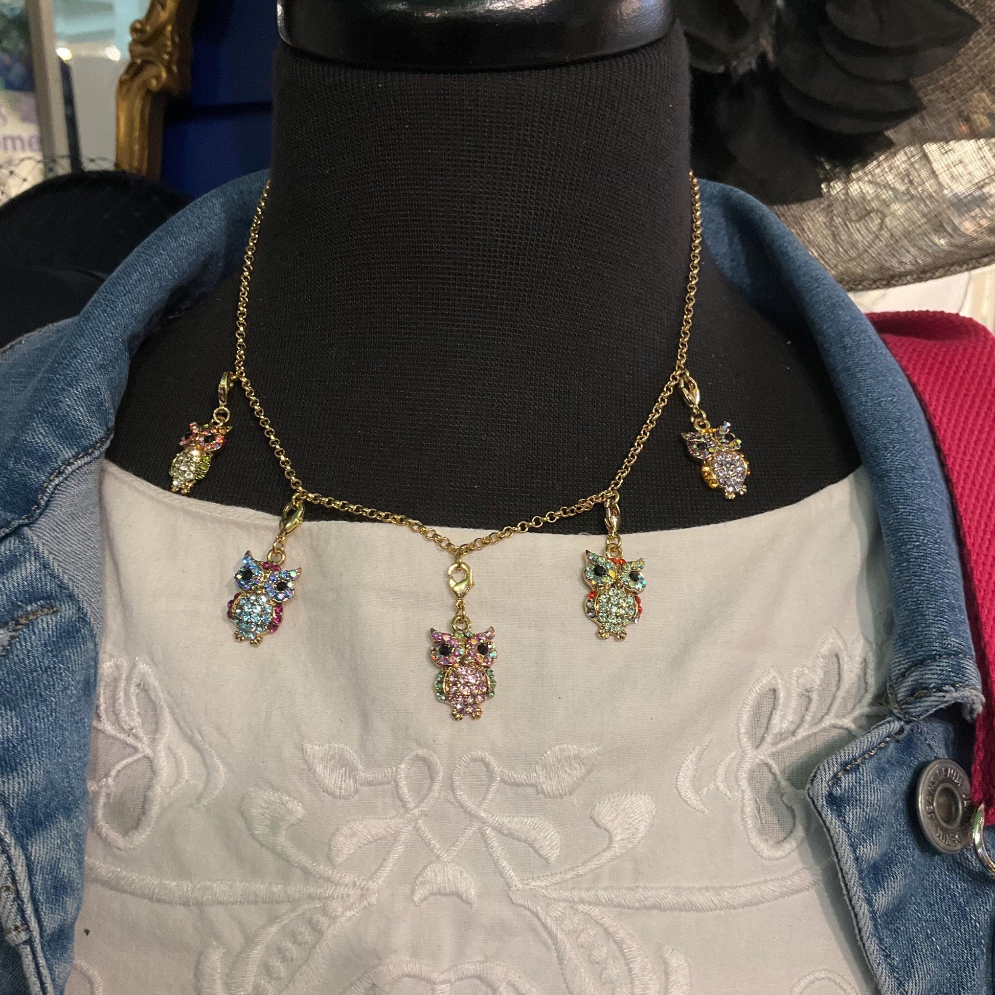 Vintage Butler and Wilson Rainbow Crystal Owl Charm Necklace , Gold tone with multicolored pastel Borealis rhinestones