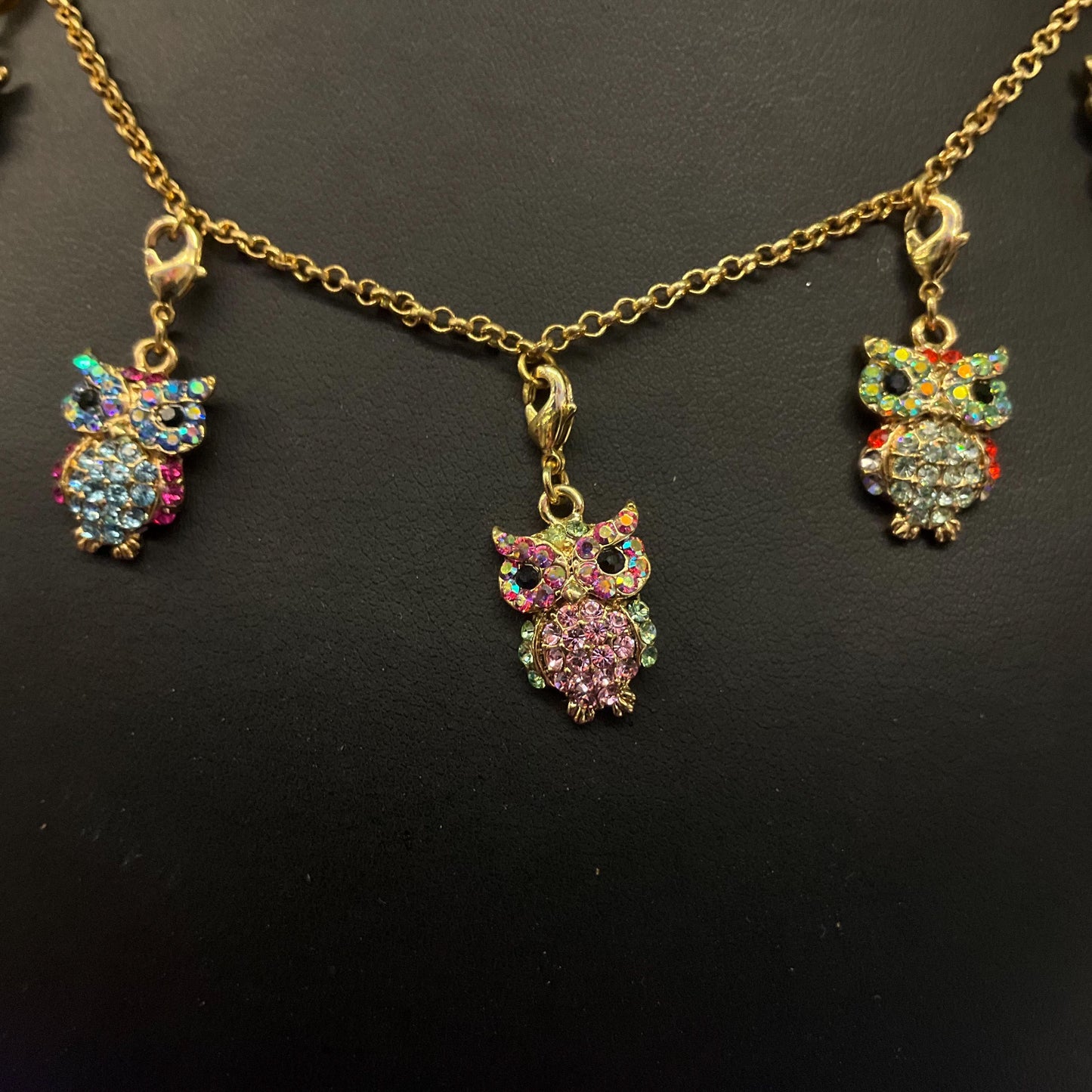 Vintage Butler and Wilson Rainbow Crystal Owl Charm Necklace , Gold tone with multicolored pastel Borealis rhinestones