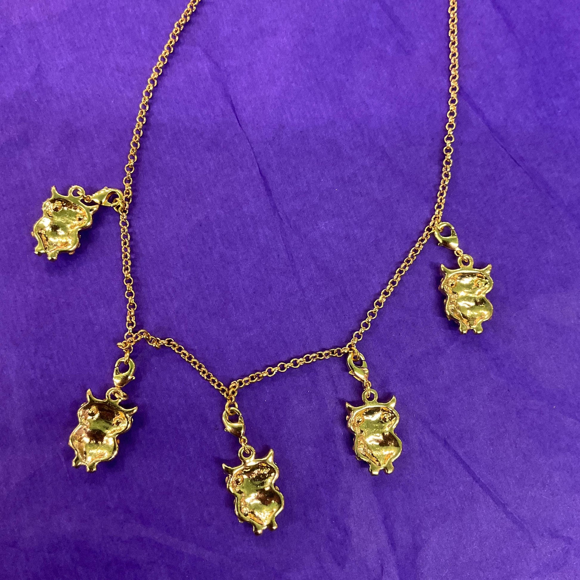 Vintage Butler and Wilson Rainbow Crystal Owl Charm Necklace , Gold tone with multicolored pastel Borealis rhinestones