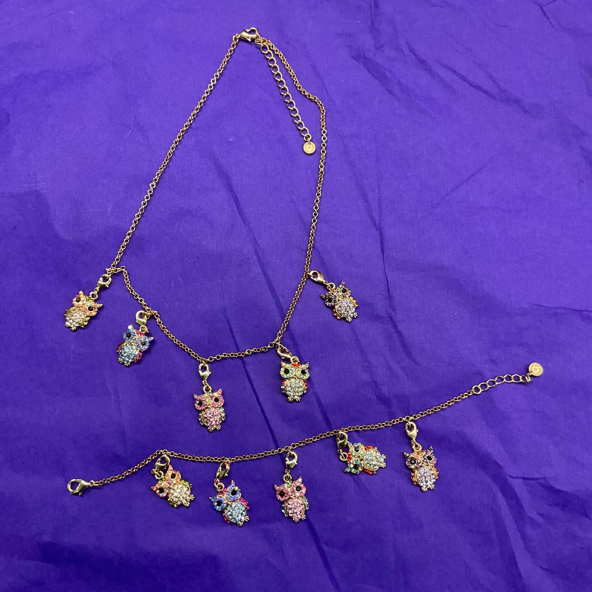 Vintage Butler and Wilson Rainbow Crystal Owl Charm Bracelet, gold tone with multicolored pastel borealis rhinestones