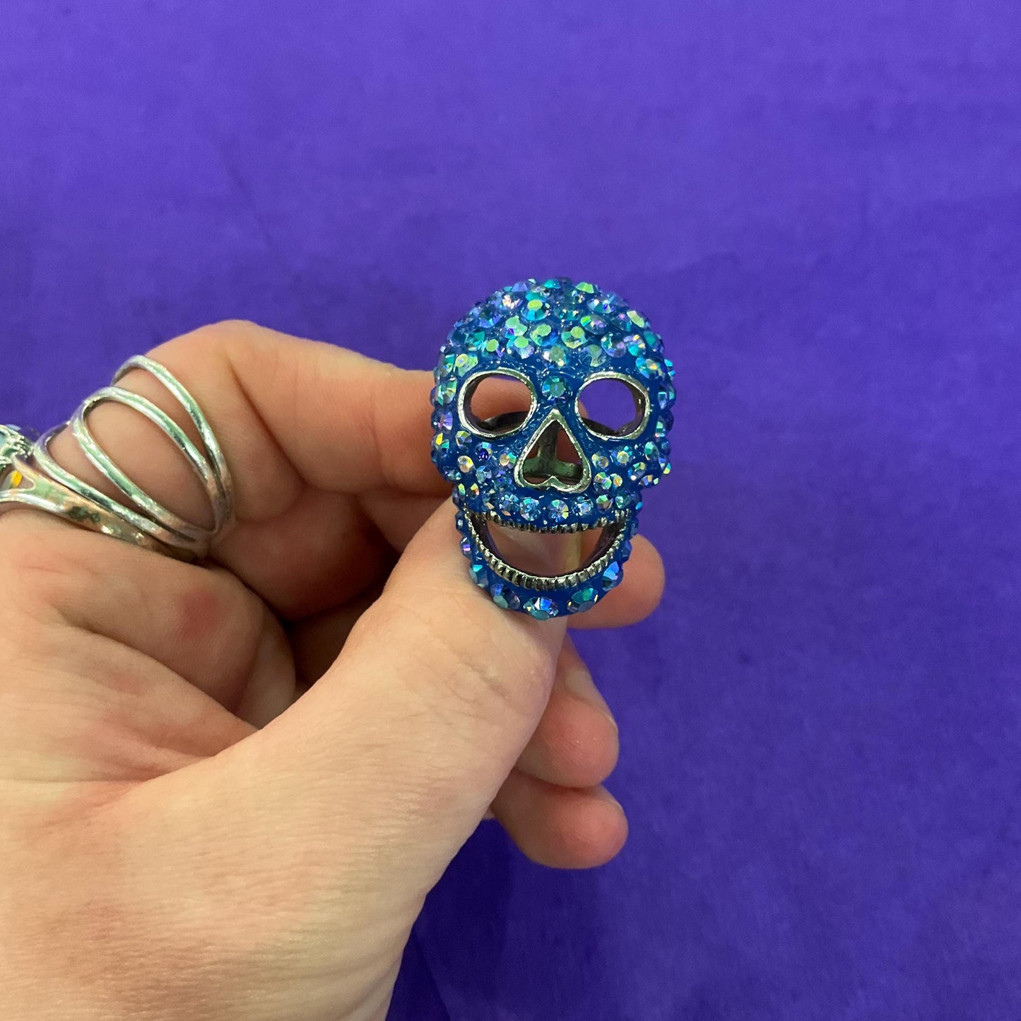 Vintage Butler and Wilson Blue Crystal Skull Statement Ring, Borealis blue rhinestones, Adjustable from size UK ‘O’, US size 7.25