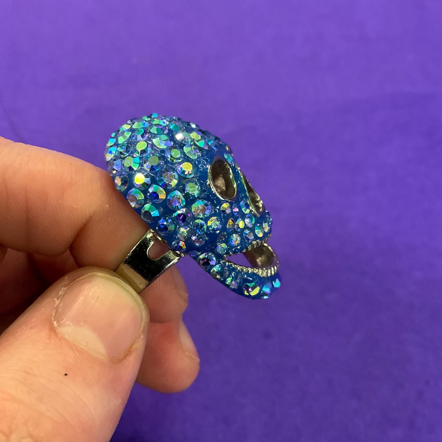 Vintage Butler and Wilson Blue Crystal Skull Statement Ring, Borealis blue rhinestones, Adjustable from size UK ‘O’, US size 7.25