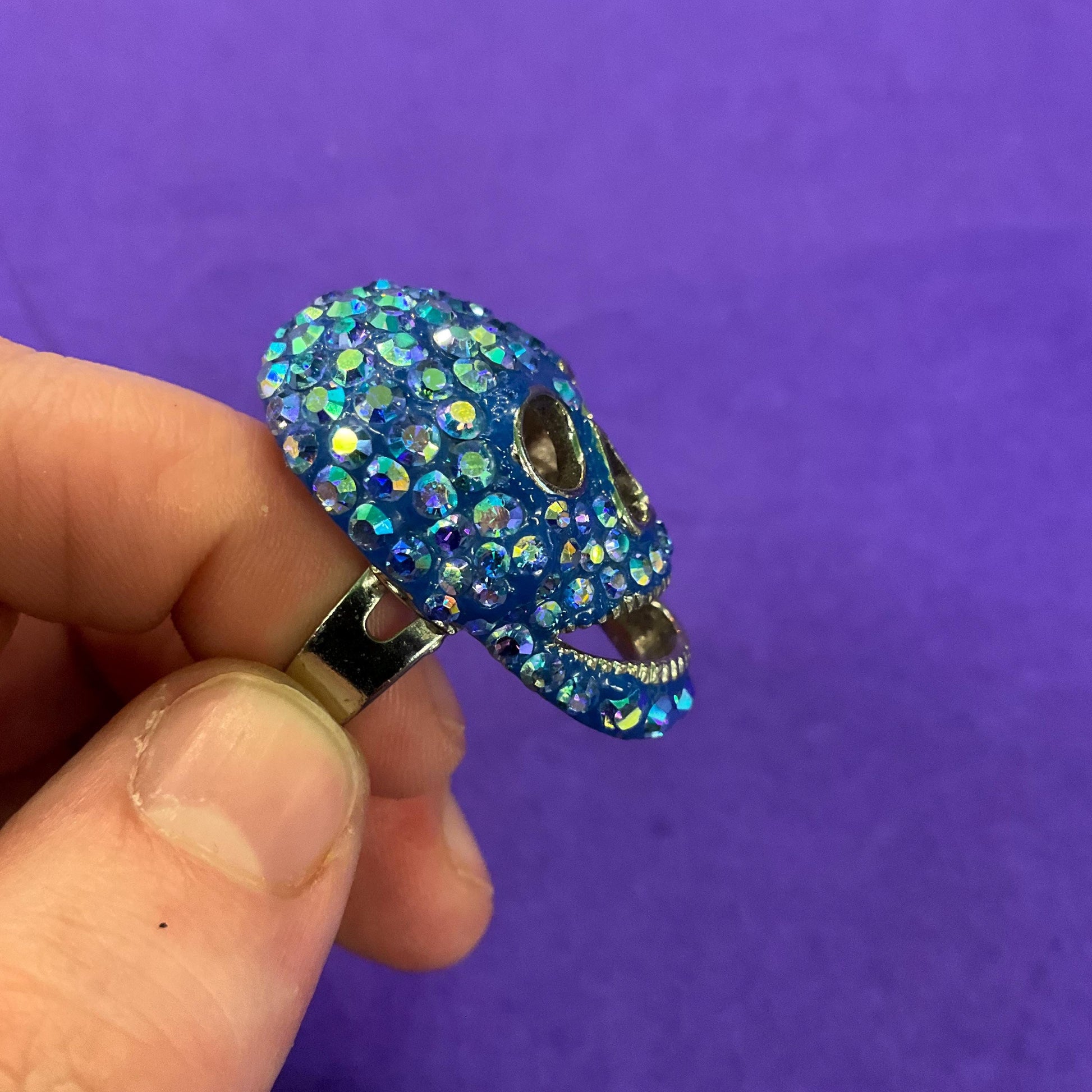 Vintage Butler and Wilson Blue Crystal Skull Statement Ring, Borealis blue rhinestones, Adjustable from size UK ‘O’, US size 7.25