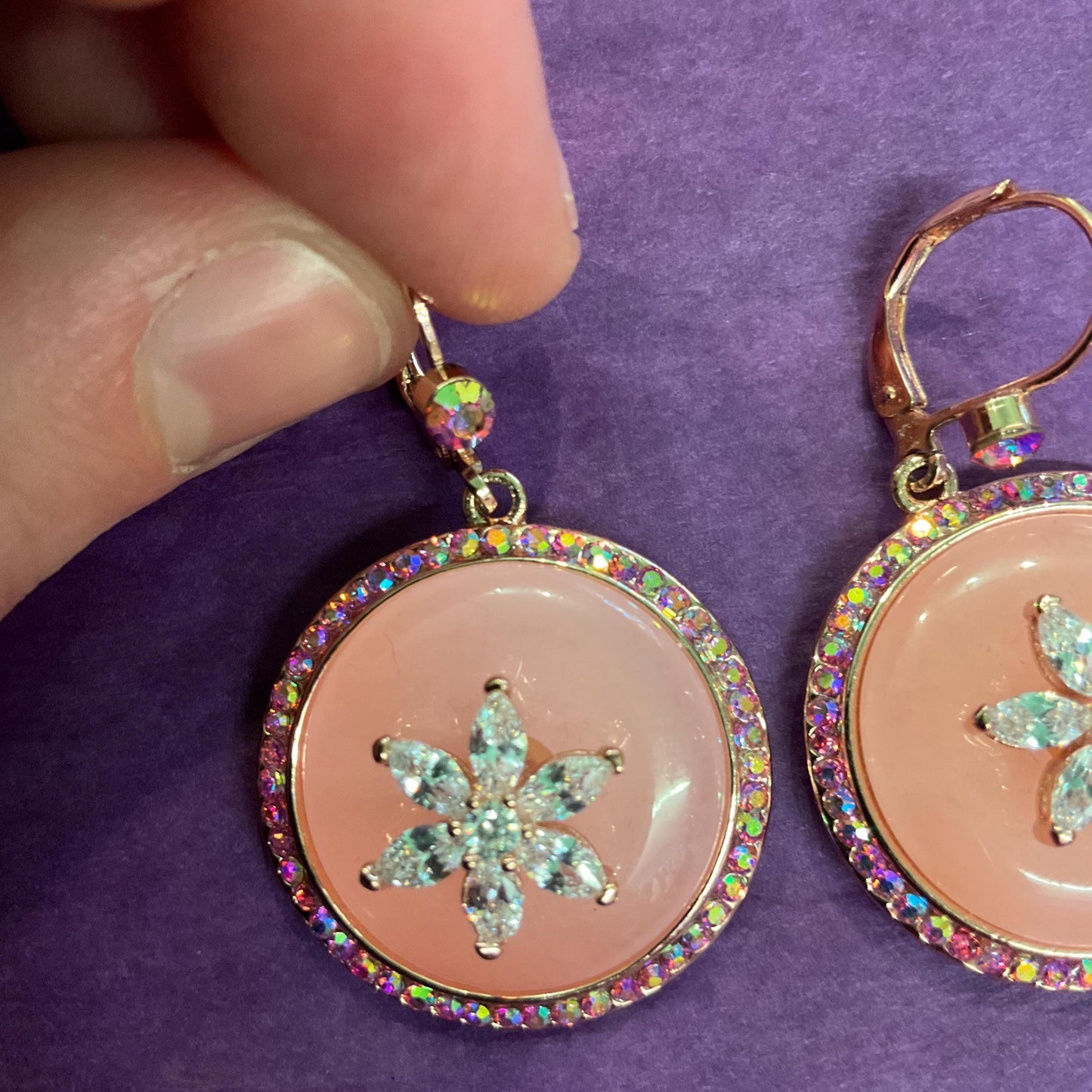 Vintage Butler and Wilson Rose Gold Tone Pink Donut Crystal Drop Earrings, silver crystal flower and rainbow rhinestones