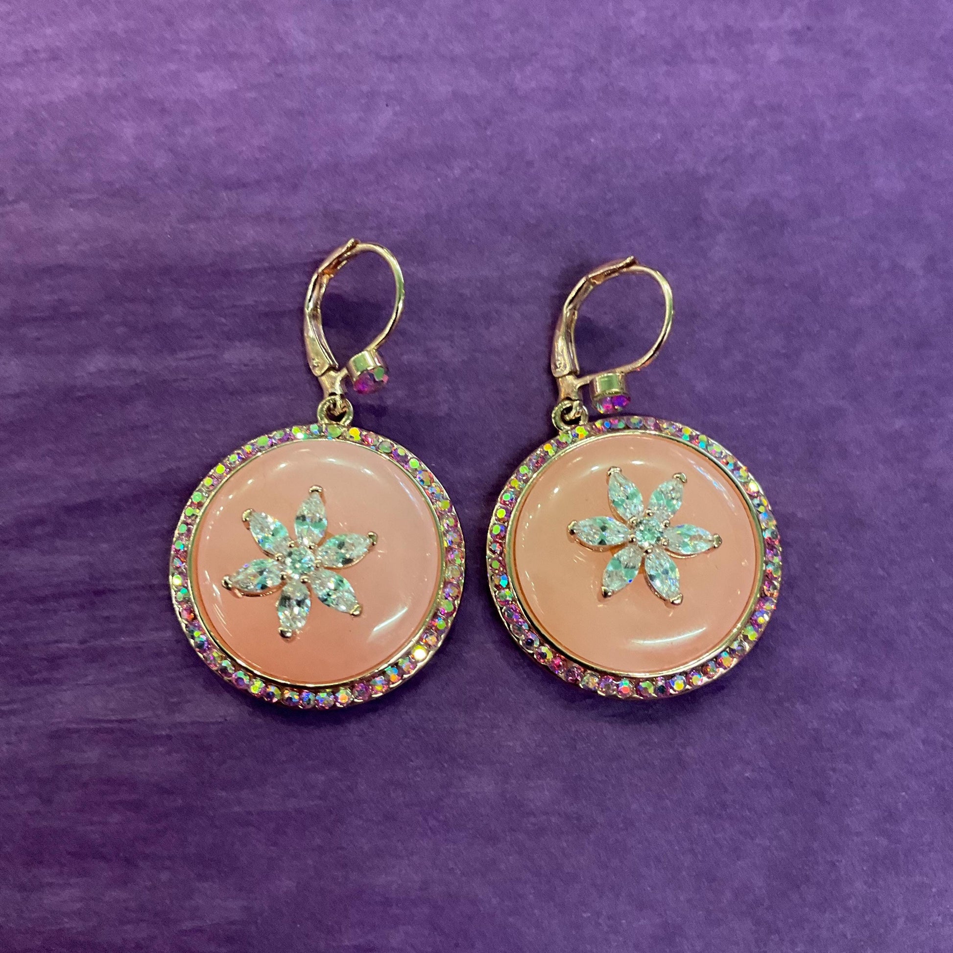 Vintage Butler and Wilson Rose Gold Tone Pink Donut Crystal Drop Earrings, silver crystal flower and rainbow rhinestones