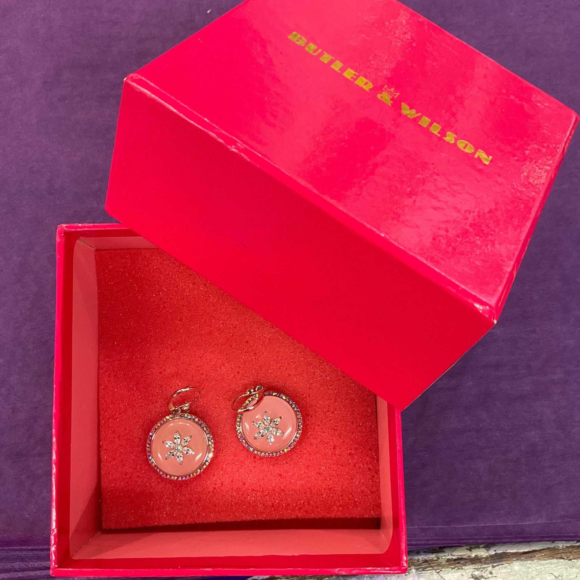 Vintage Butler and Wilson Rose Gold Tone Pink Donut Crystal Drop Earrings, silver crystal flower and rainbow rhinestones
