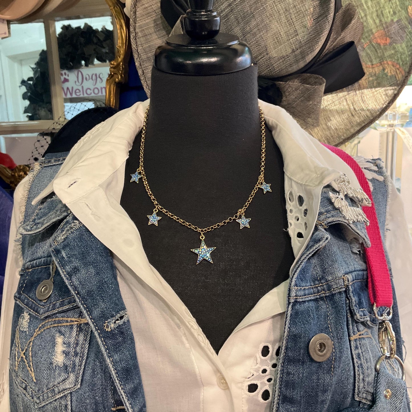 Vintage Butler and Wilson Blue Crystal Star Necklace, gold tone with blue borealis rhinestones