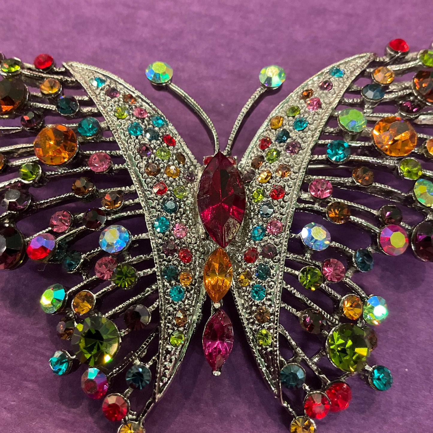 Vintage Butler and Wilson Rainbow Crystal Large Butterfly Brooch, silver tone with multicoloured crystals and rhinestones