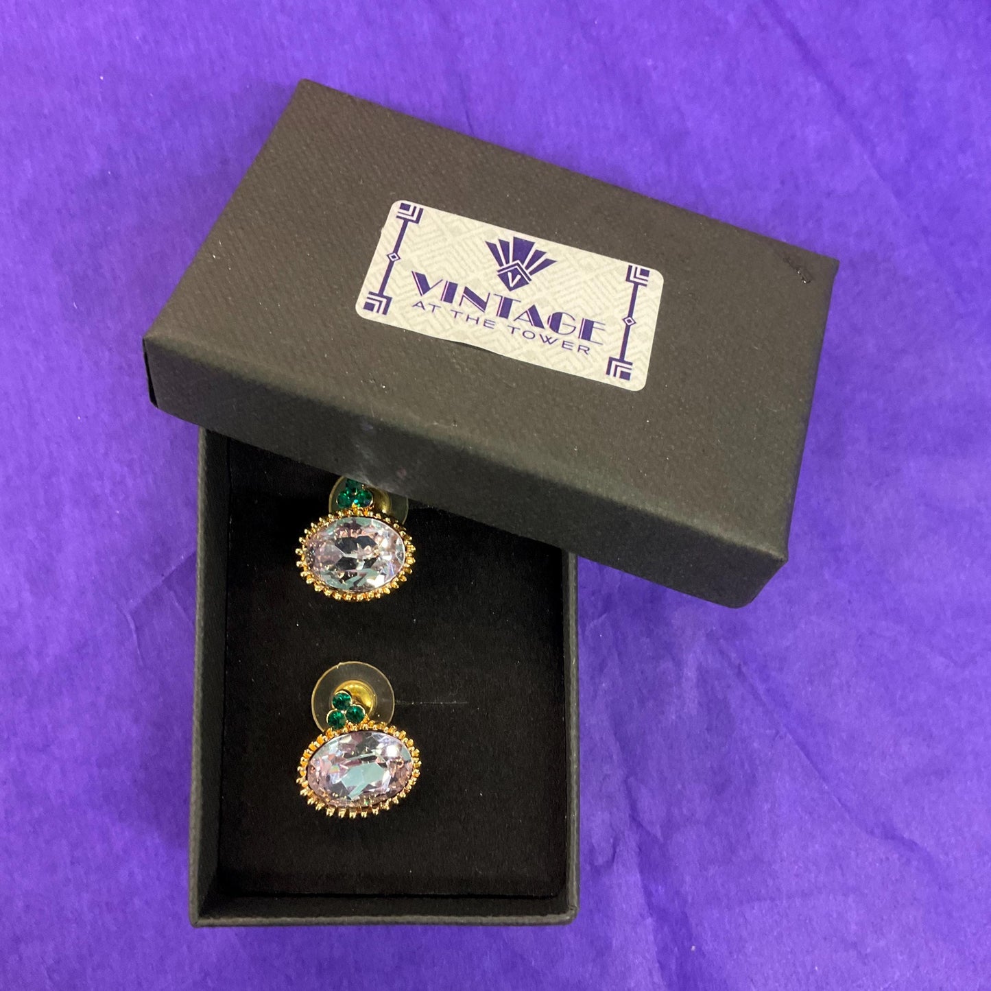 Vintage Butler and Wilson Lilac and Green Crystal stud Earrings, Gold tone with faceted oval crystals and rhinestones