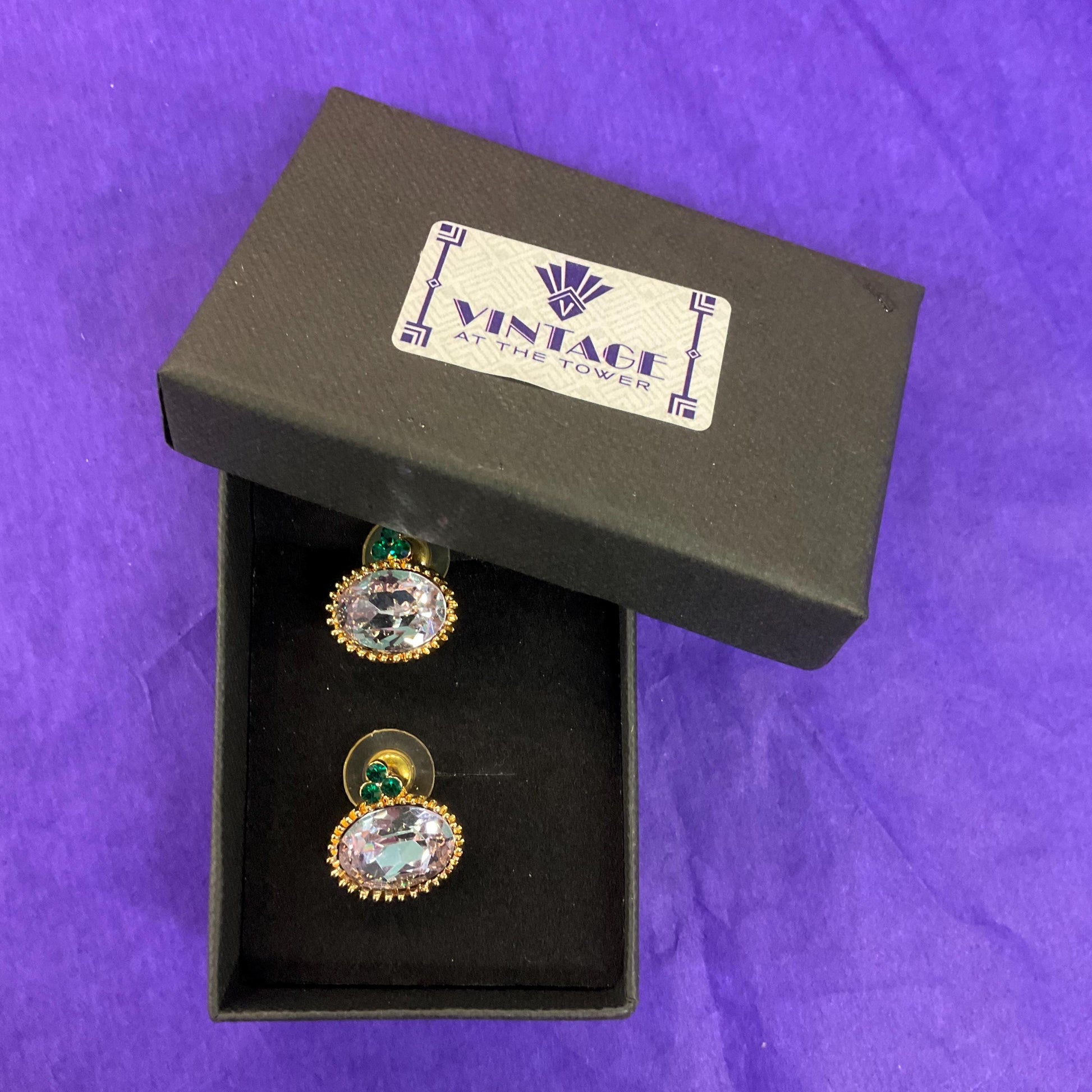 Vintage Butler and Wilson Lilac and Green Crystal stud Earrings, Gold tone with faceted oval crystals and rhinestones