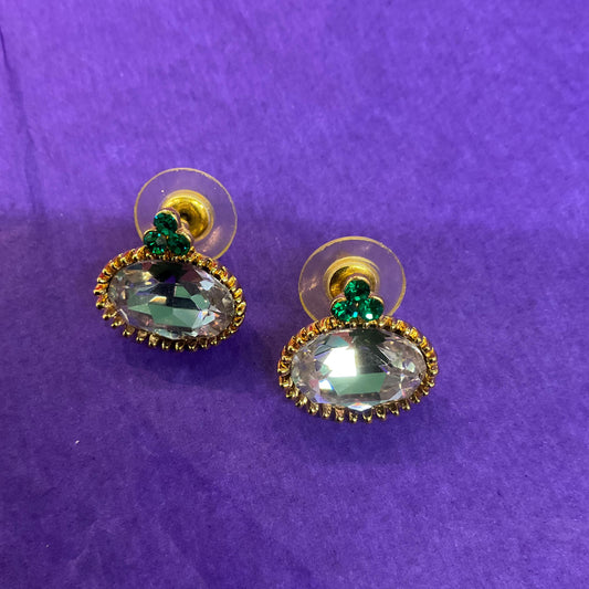 Vintage Butler and Wilson Lilac and Green Crystal stud Earrings, Gold tone with faceted oval crystals and rhinestones