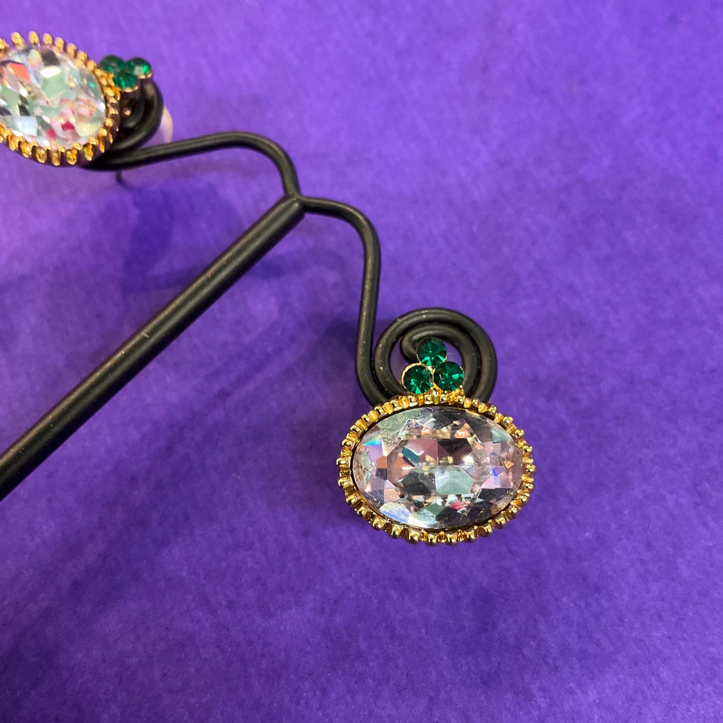 Vintage Butler and Wilson Lilac and Green Crystal stud Earrings, Gold tone with faceted oval crystals and rhinestones
