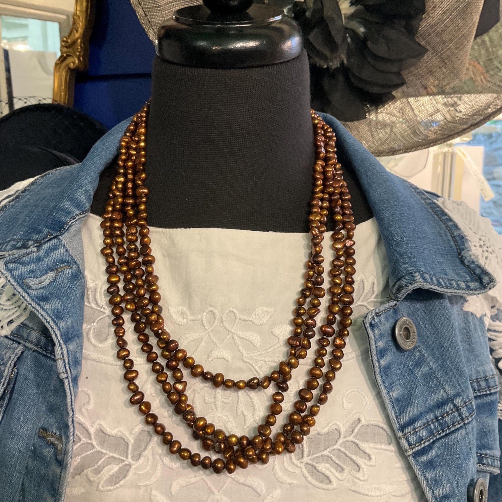 Vintage Ultra Long Flapper Length Copper/ Bronze Fresh Water Pearl Necklace.
