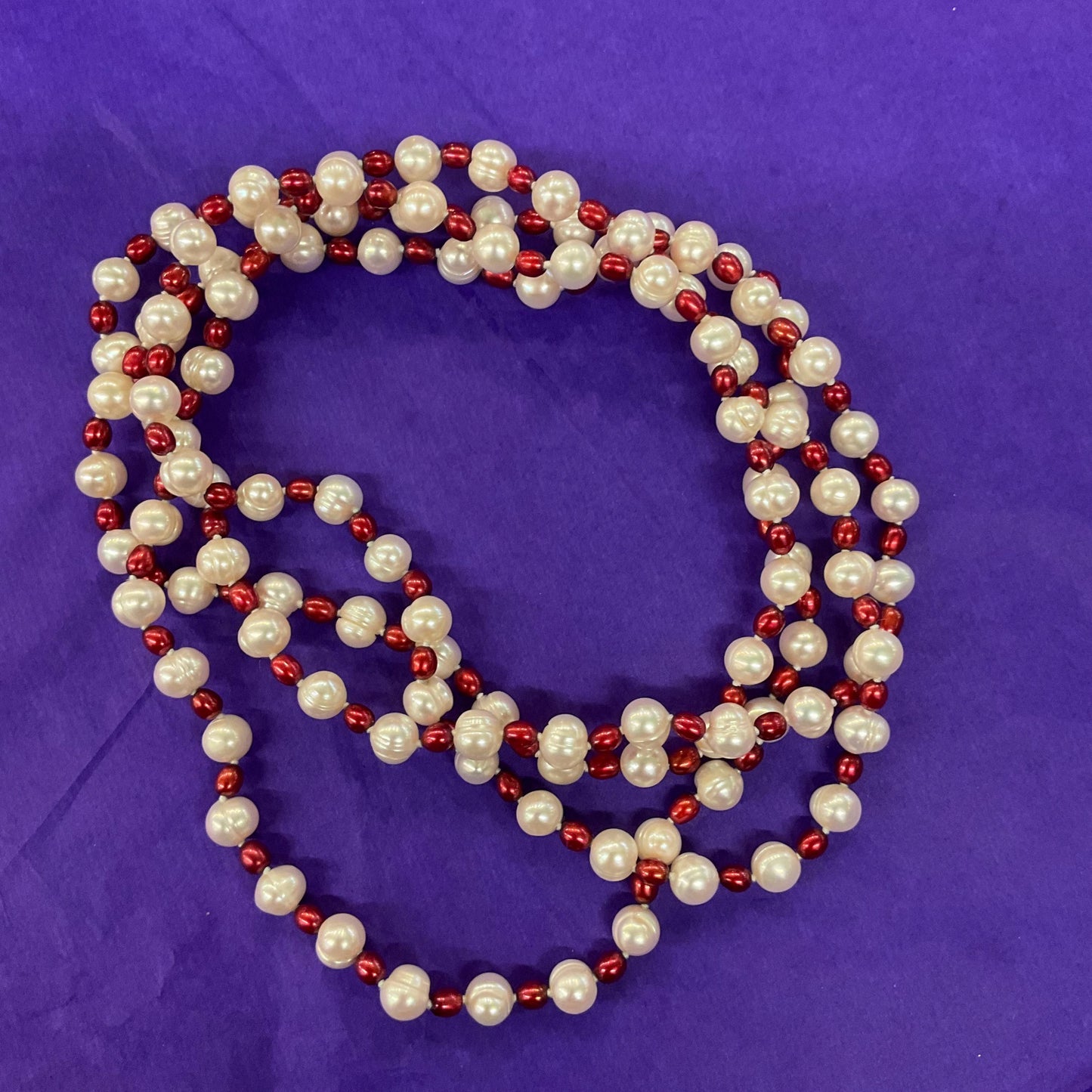 Vintage Flapper Length Fresh Water Pearl Necklace, large Ivory circular pearls and red rice pearls