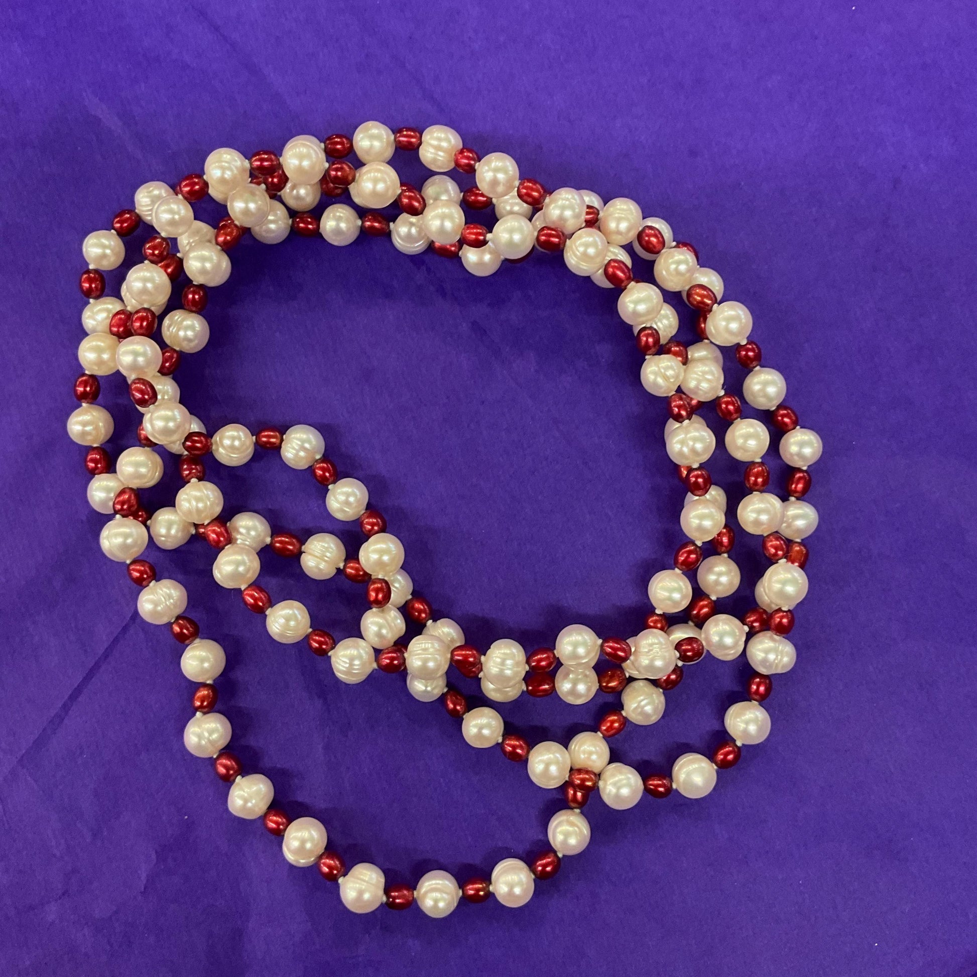 Vintage Flapper Length Fresh Water Pearl Necklace, large Ivory circular pearls and red rice pearls