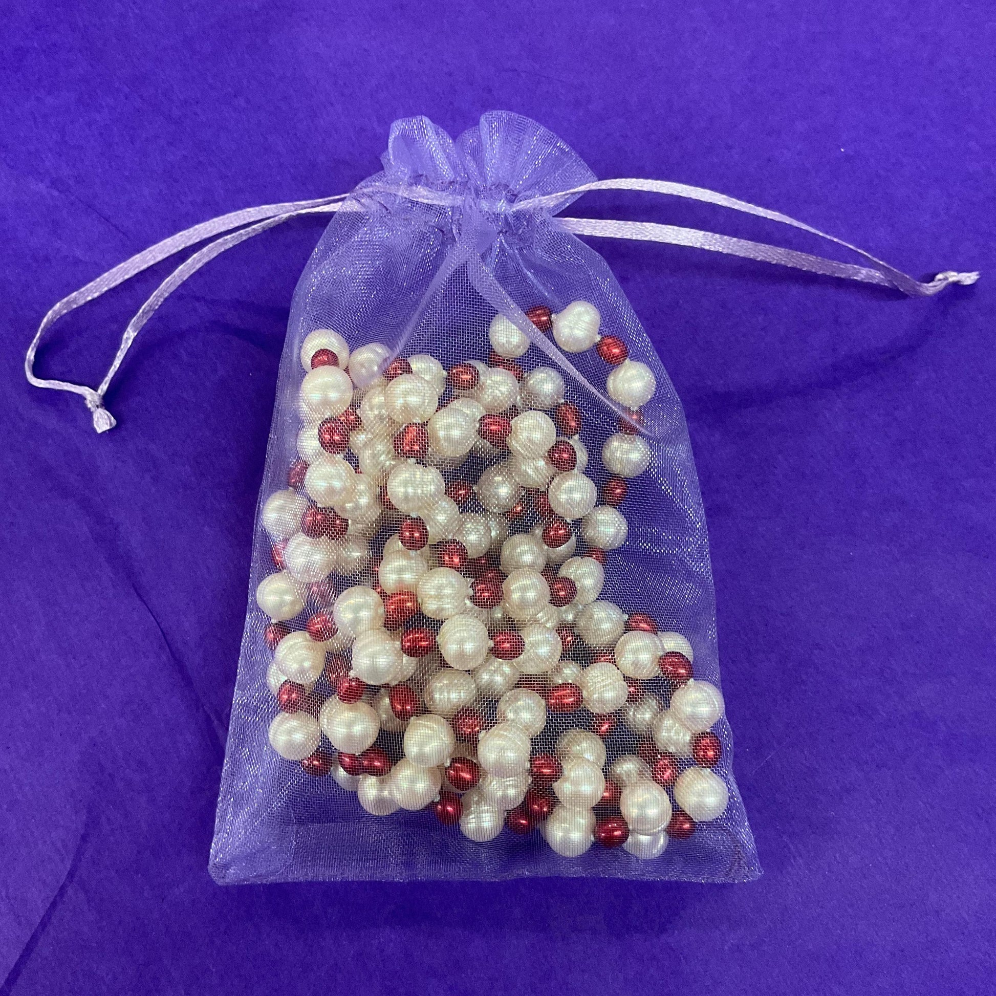 Vintage Flapper Length Fresh Water Pearl Necklace, large Ivory circular pearls and red rice pearls