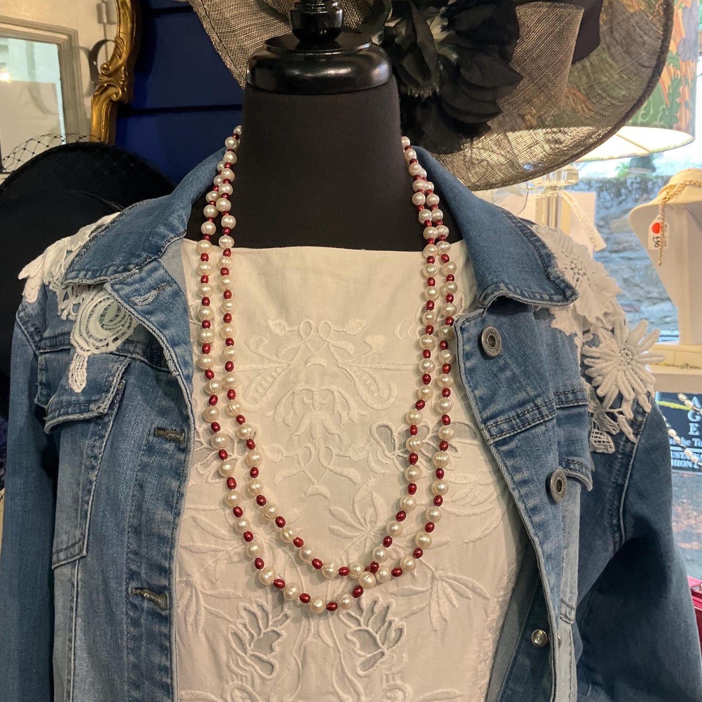 Vintage Flapper Length Fresh Water Pearl Necklace, large Ivory circular pearls and red rice pearls