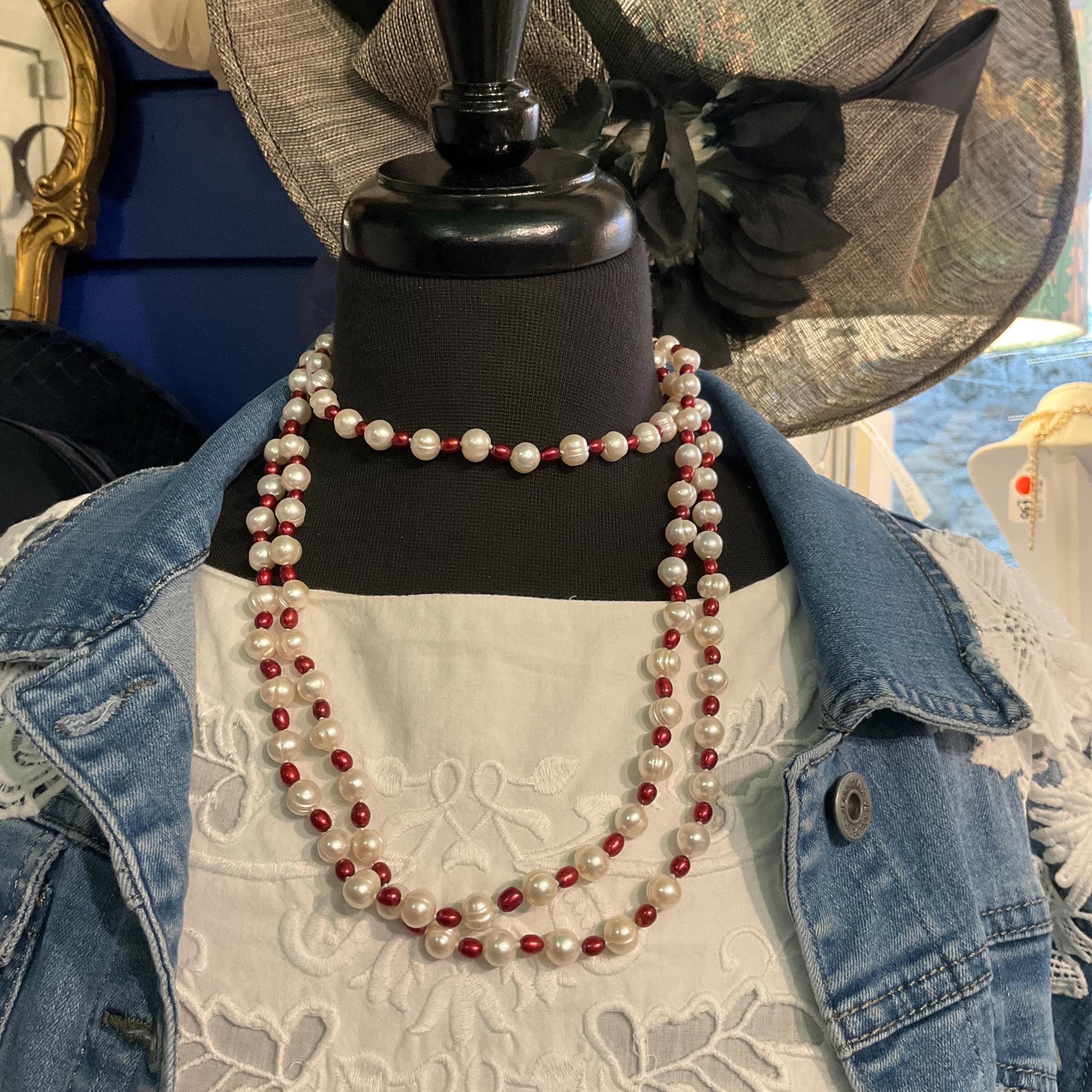 Vintage Flapper Length Fresh Water Pearl Necklace, large Ivory circular pearls and red rice pearls