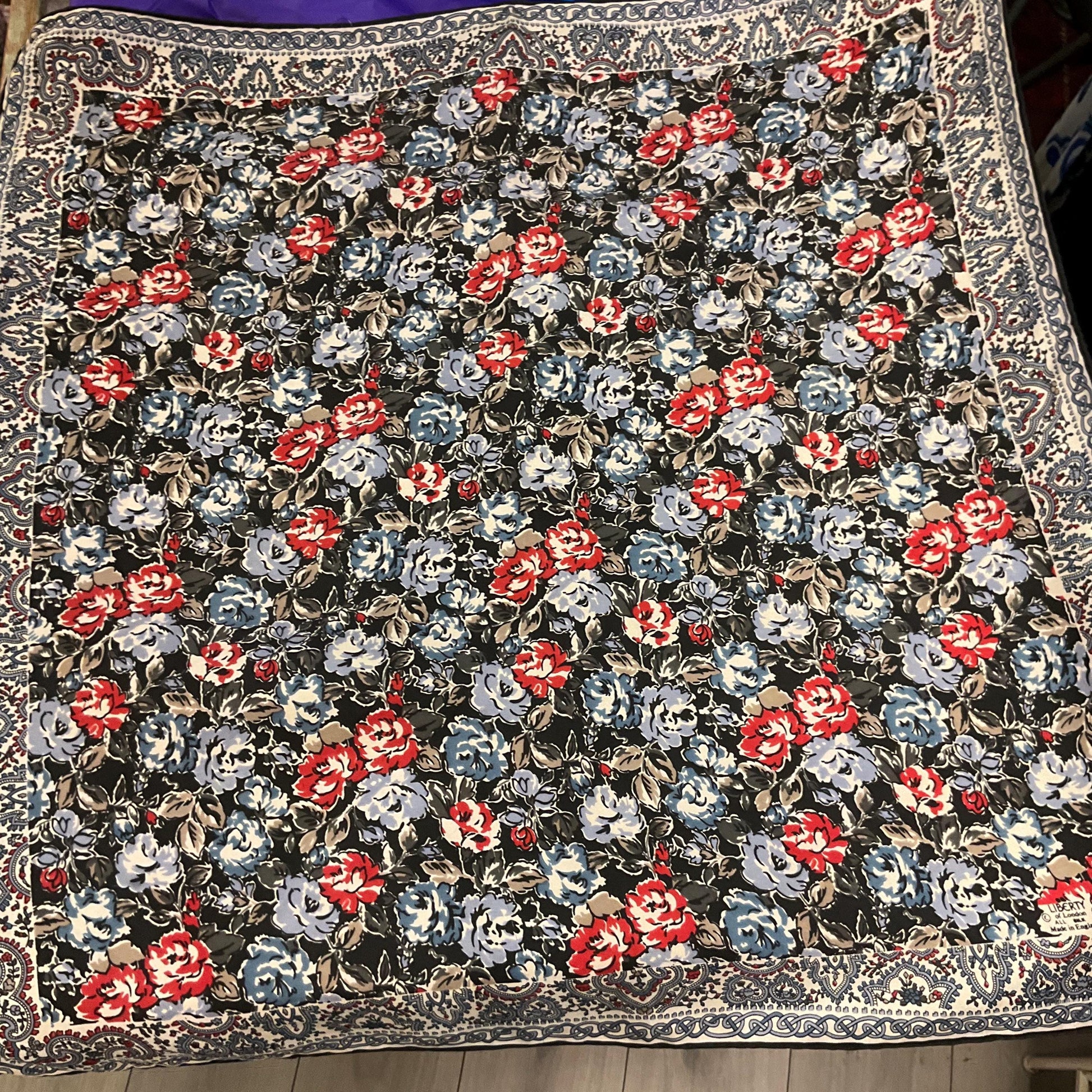 Vintage 1970s/80s LIBERTY OF LONDON Pure Silk Floral Scarf, Shades of Red, blue, beige and black