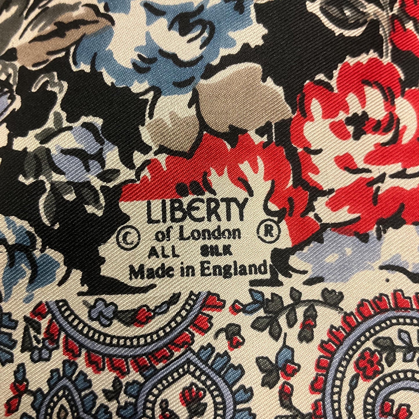 Vintage 1970s/80s LIBERTY OF LONDON Pure Silk Floral Scarf, Shades of Red, blue, beige and black