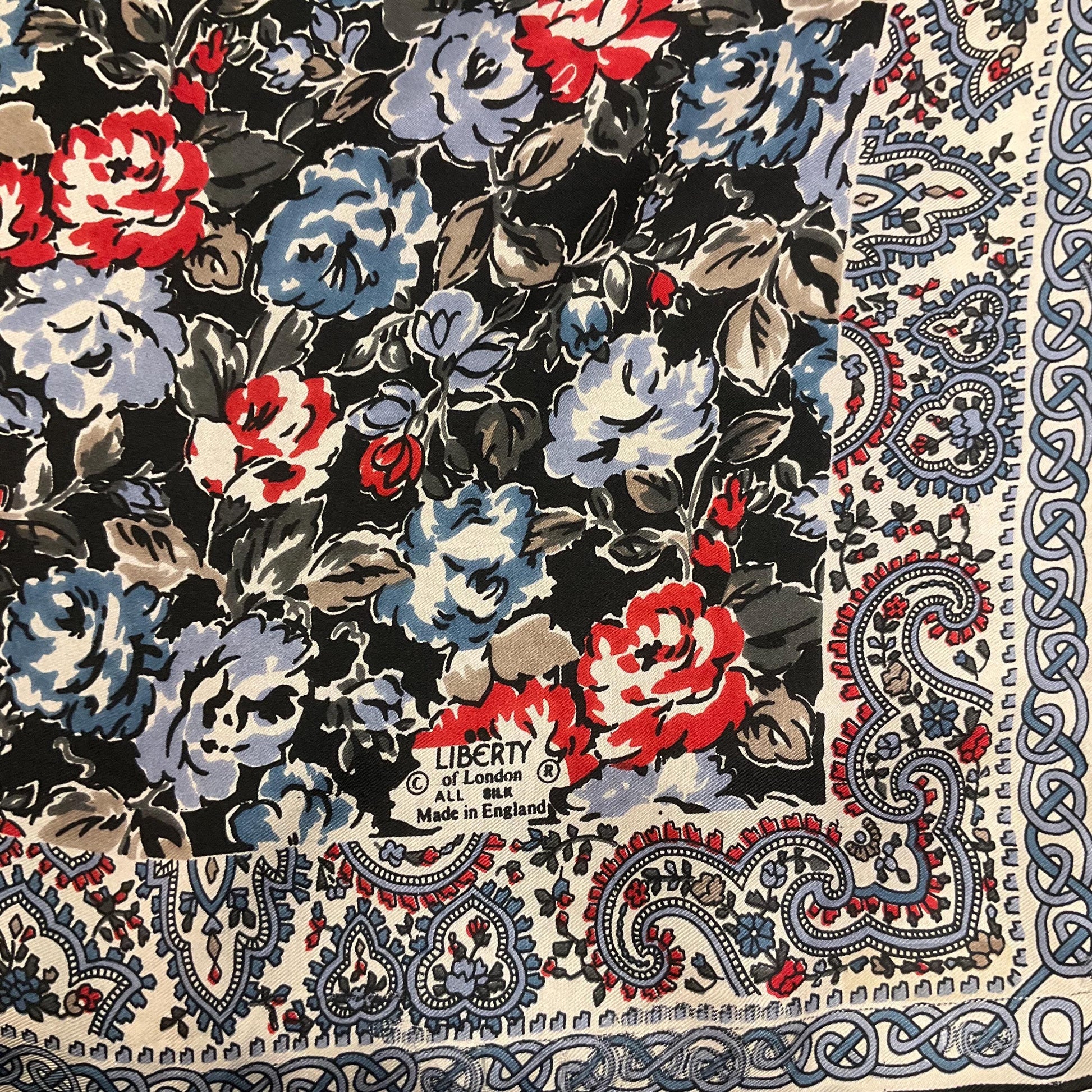 Vintage 1970s/80s LIBERTY OF LONDON Pure Silk Floral Scarf, Shades of Red, blue, beige and black