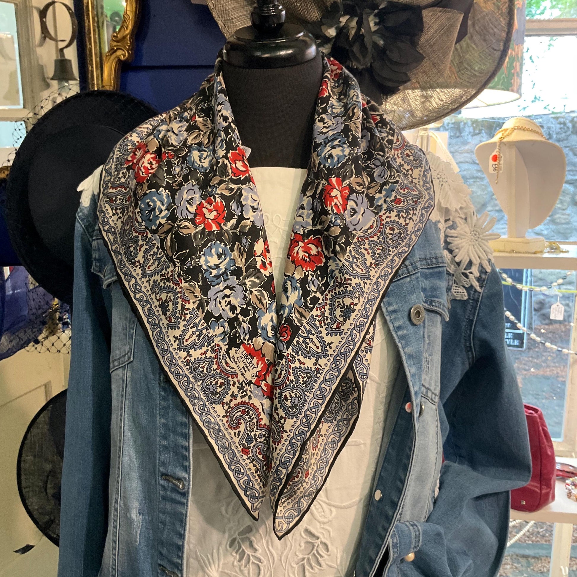 Vintage 1970s/80s LIBERTY OF LONDON Pure Silk Floral Scarf, Shades of Red, blue, beige and black