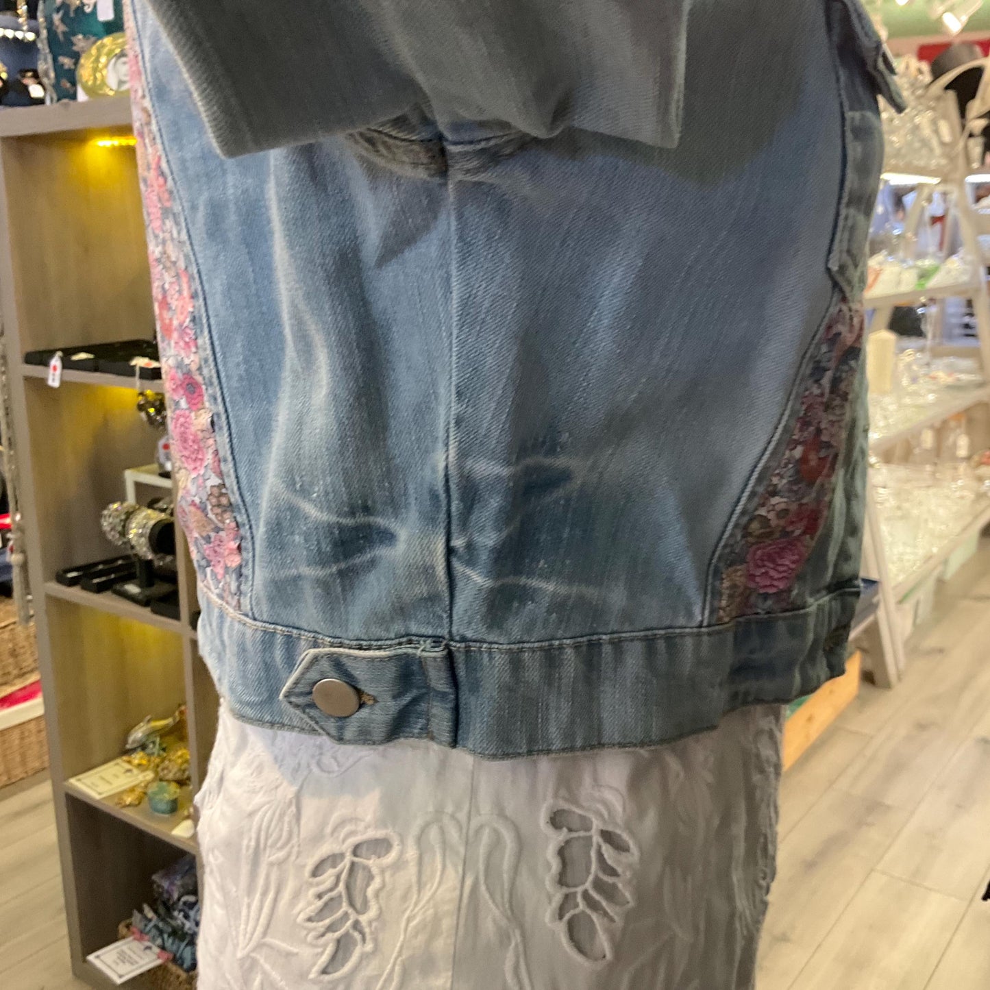 Up- cycled Unique Vintage Cropped Denim Jacked with Liberty ‘ Elysian Day’ Fabric, size UK 10/12